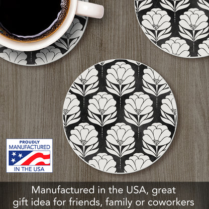 Thirstystone Black & White Floral Single Round Absorbent Stone Coaster with Protective Cork Backing Manufactured in The USA 4" Diameter