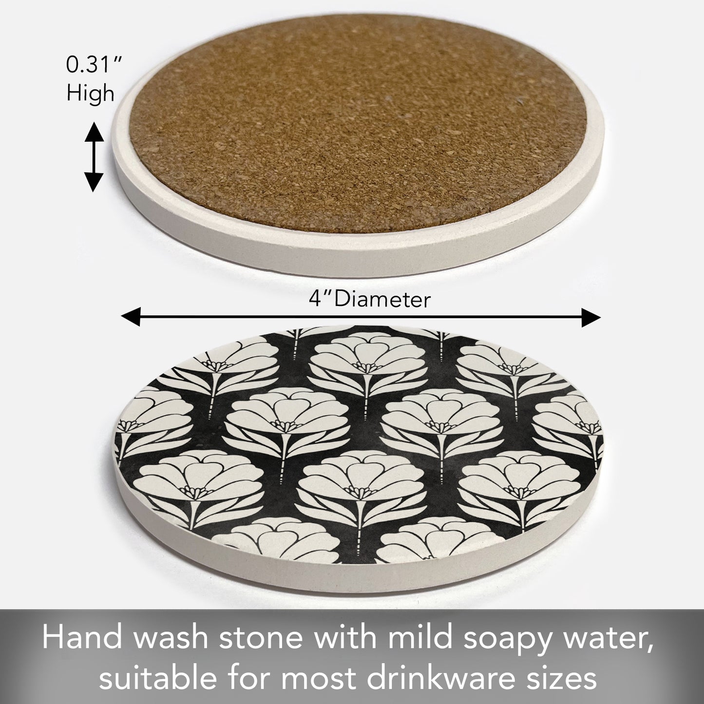 Thirstystone Black & White Floral Single Round Absorbent Stone Coaster with Protective Cork Backing Manufactured in The USA 4" Diameter