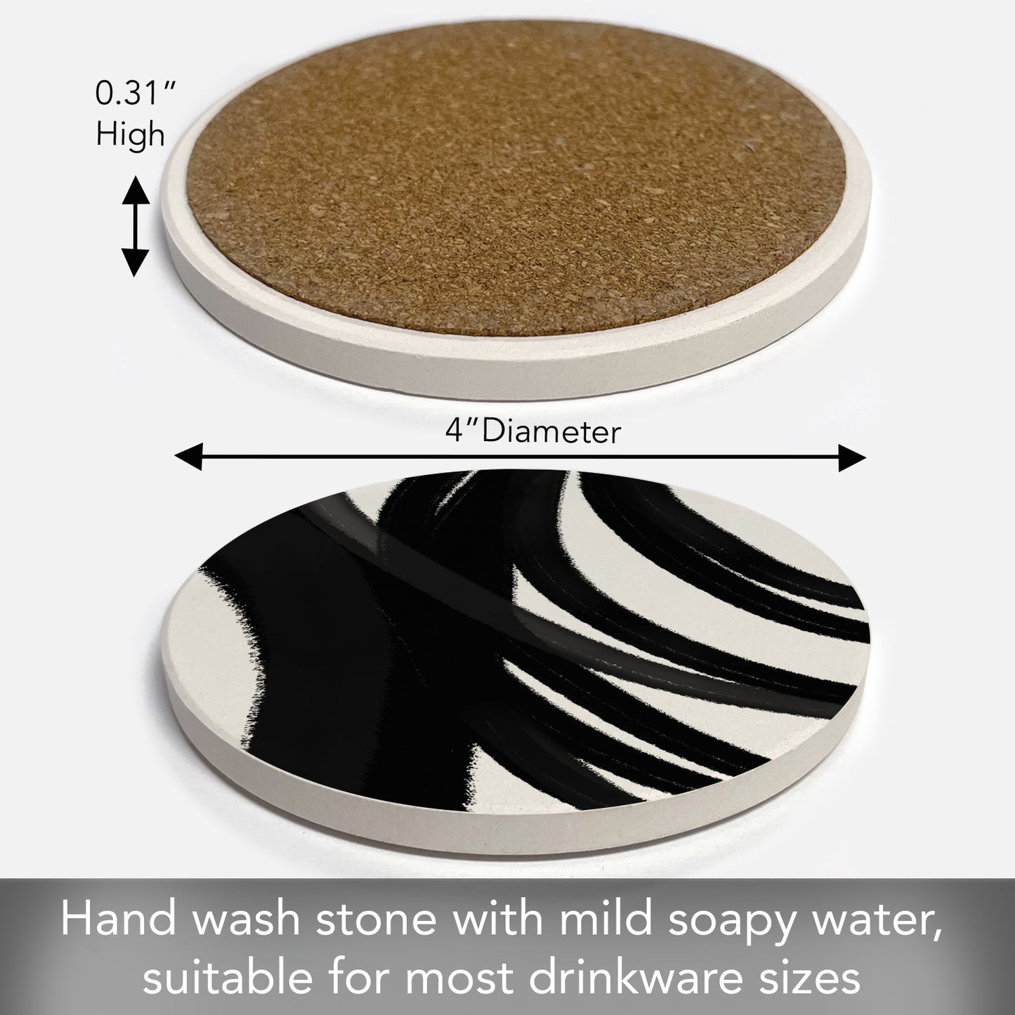 Thirstystone Black Swipes Single Round Absorbent Stone Coaster with Protective Cork Backing Manufactured in The USA 4" Diameter
