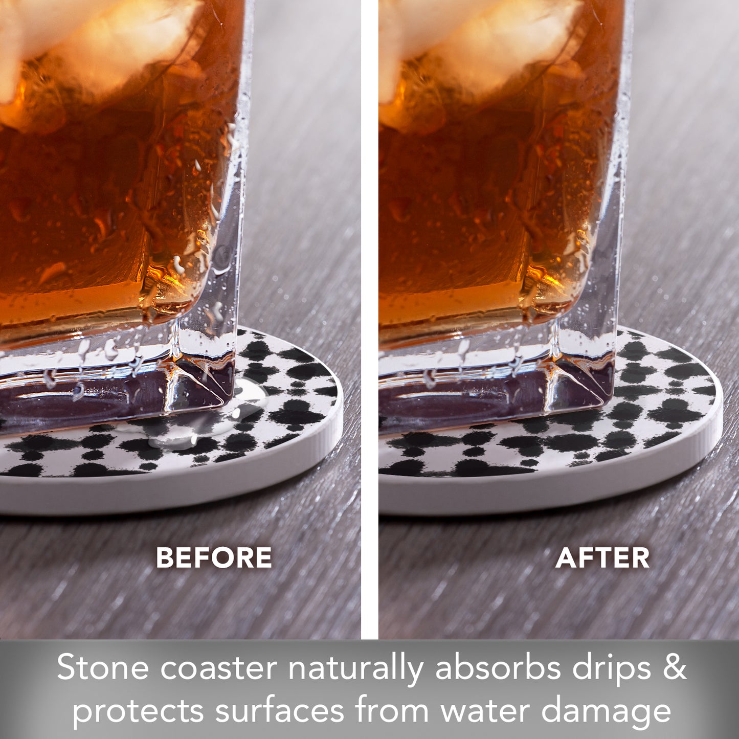 Thirstystone Black Spots Single Round Absorbent Stone Coaster with Protective Cork Backing Manufactured in The USA 4" Diameter