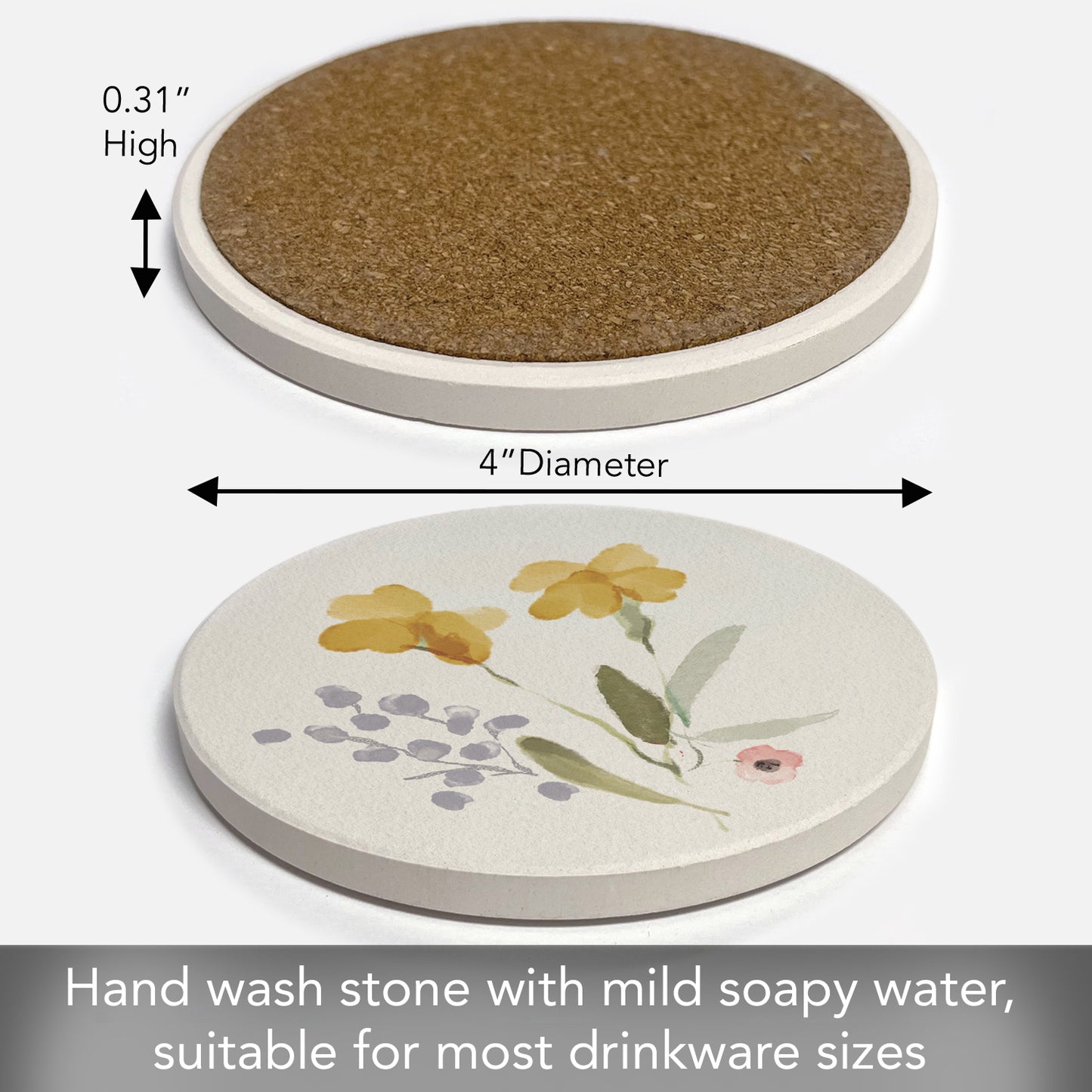 Thirstystone Yellow Floral Single Round Absorbent Stone Coaster with Protective Cork Backing Manufactured in The USA 4" Diameter