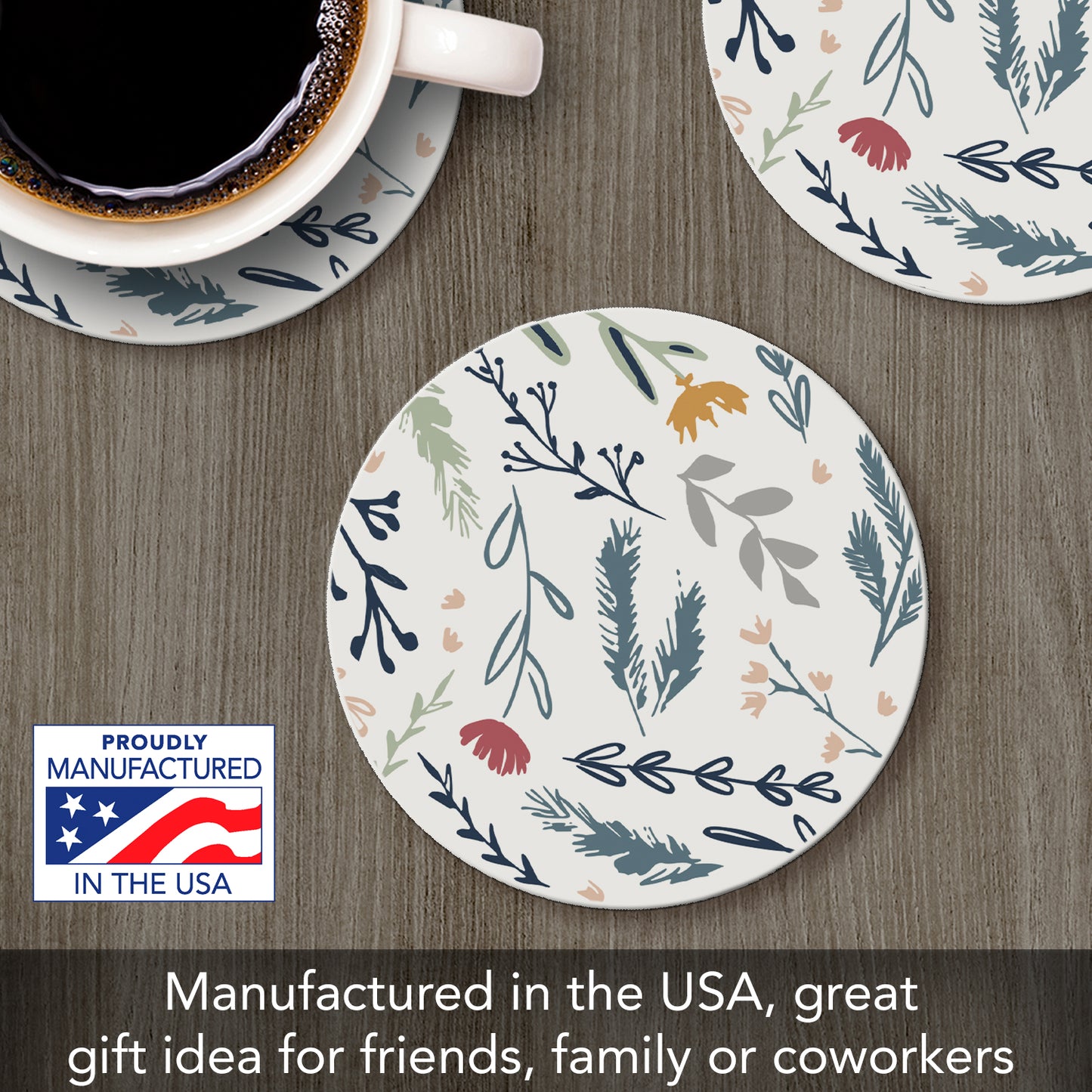 Thirstystone Floral Sketch Single Round Absorbent Stone Coaster with Protective Cork Backing Manufactured in The USA 4" Diameter