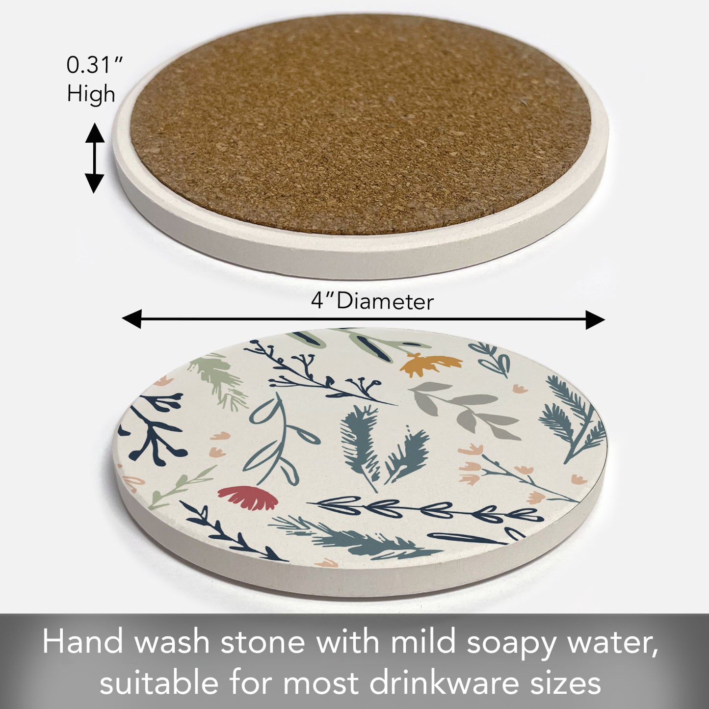 Thirstystone Floral Sketch Single Round Absorbent Stone Coaster with Protective Cork Backing Manufactured in The USA 4" Diameter