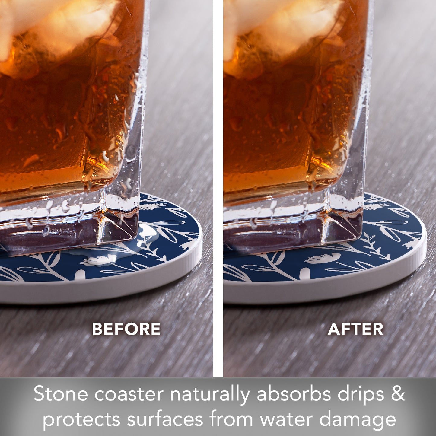 Thirstystone Navy & White Floral Single Round Absorbent Stone Coaster with Protective Cork Backing Manufactured in The USA 4" Diameter