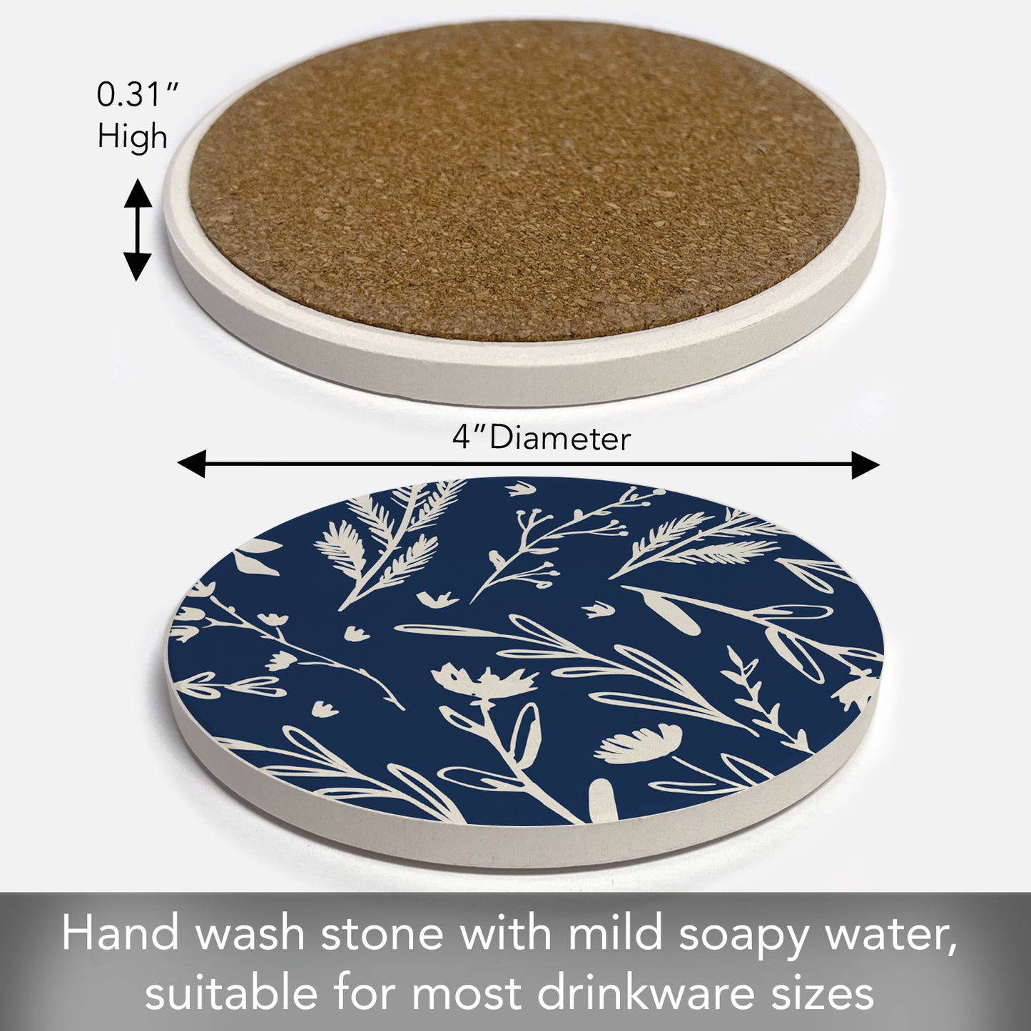 Thirstystone Navy & White Floral Single Round Absorbent Stone Coaster with Protective Cork Backing Manufactured in The USA 4" Diameter