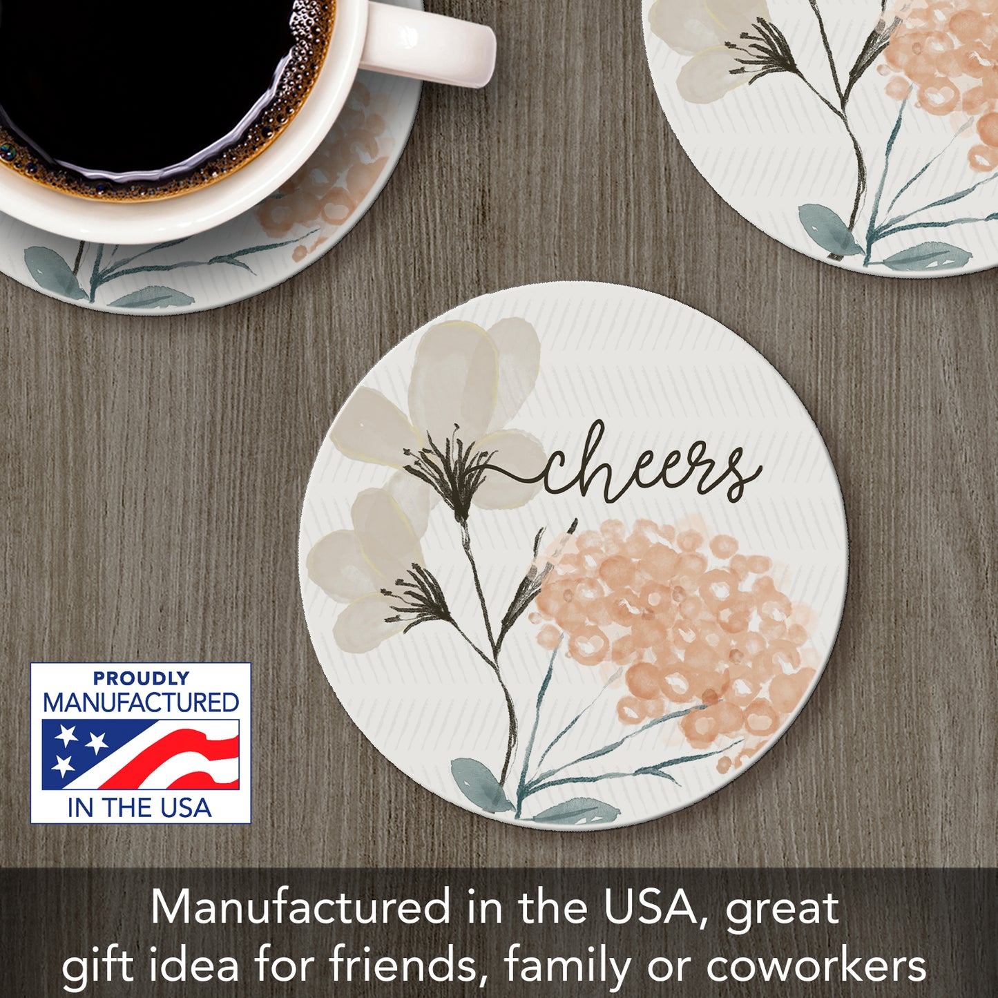 Thirstystone Cheers Grey Floral Single Round Absorbent Stone Coaster with Protective Cork Backing Manufactured in The USA 4" Diameter