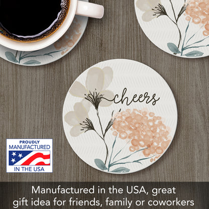 Thirstystone Cheers Grey Floral Single Round Absorbent Stone Coaster with Protective Cork Backing Manufactured in The USA 4" Diameter