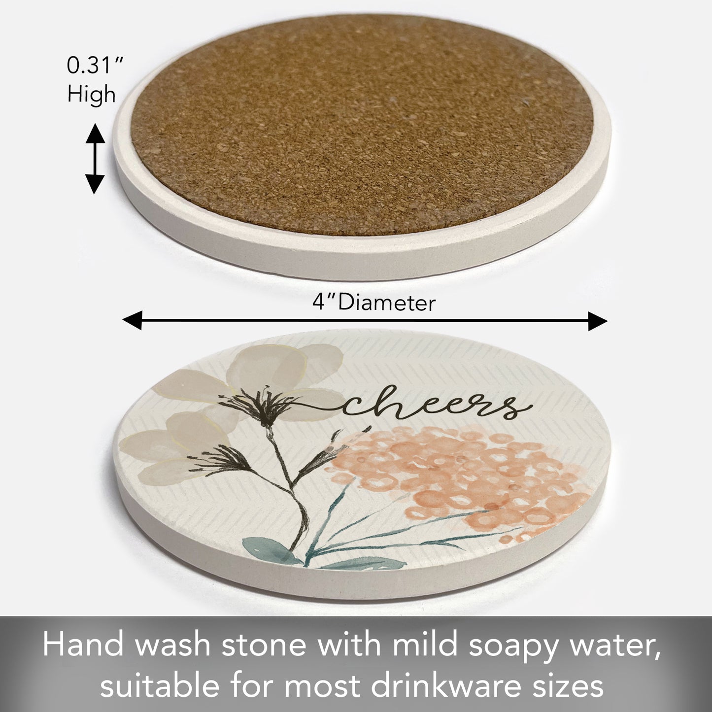 Thirstystone Cheers Grey Floral Single Round Absorbent Stone Coaster with Protective Cork Backing Manufactured in The USA 4" Diameter