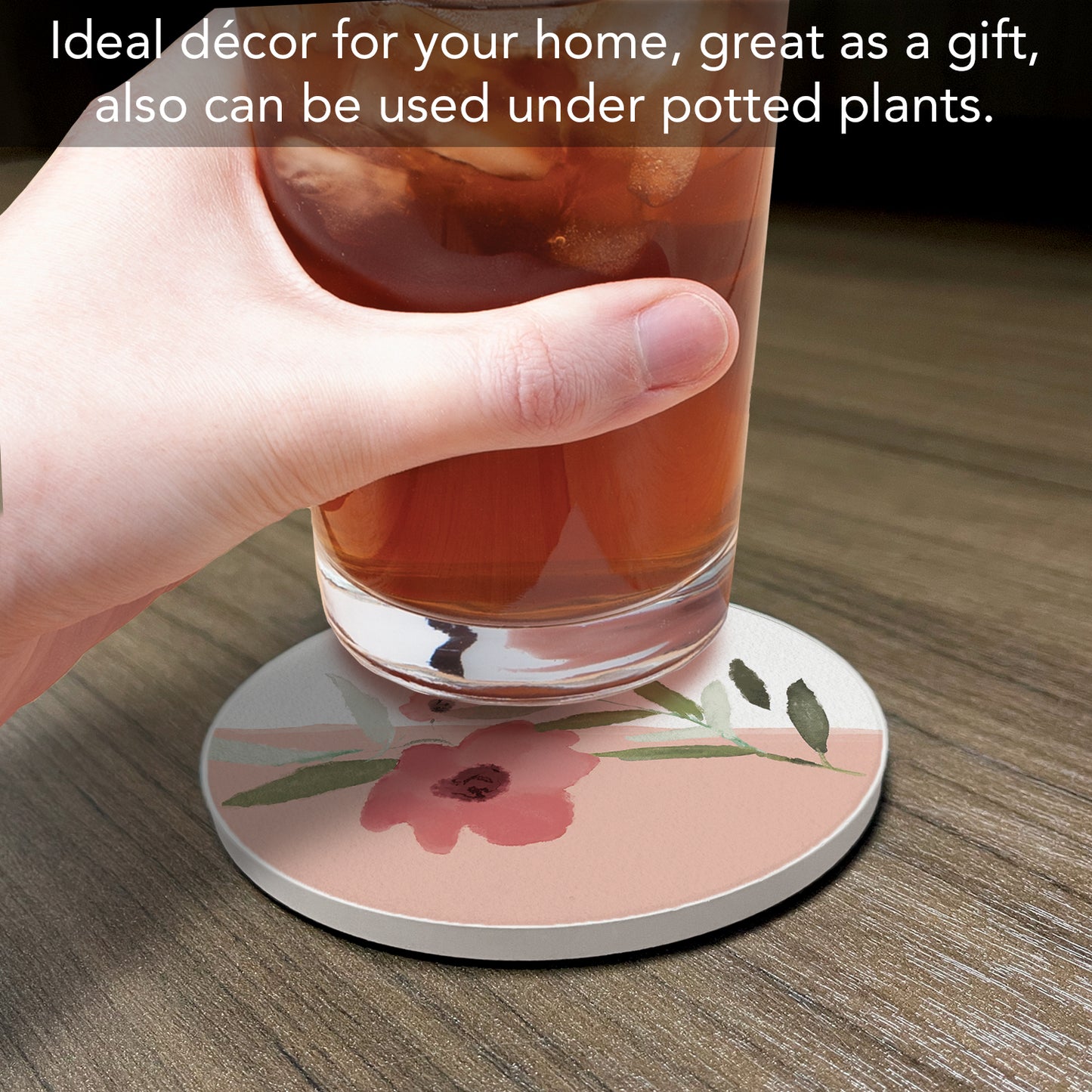 Thirstystone Pink Floral Single Round Absorbent Stone Coaster with Protective Cork Backing Manufactured in The USA 4" Diameter