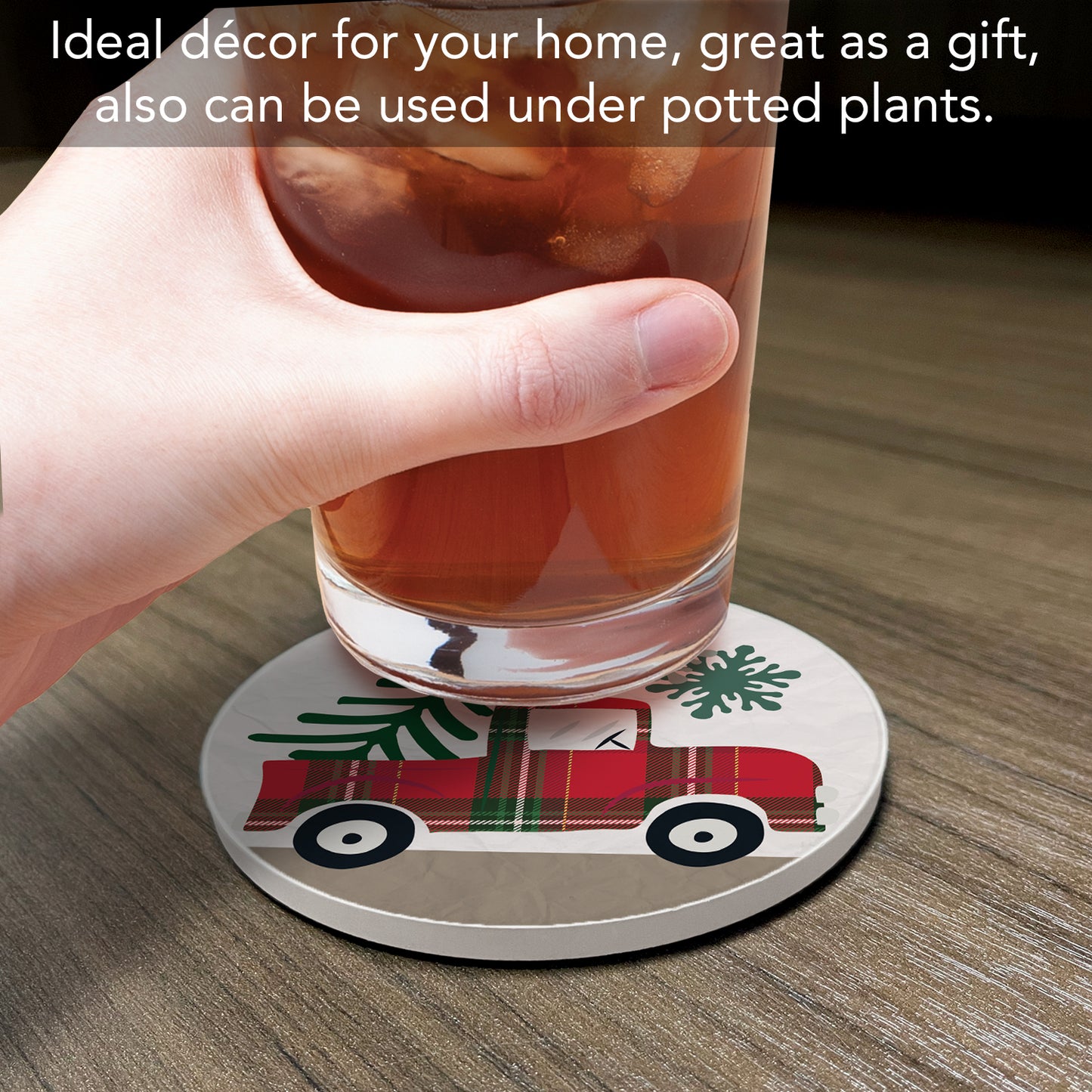 Thirstystone Plaid Christmas Tree Truck Single Round Absorbent Stone Coaster with Protective Cork Backing Manufactured in The USA 4" Diameter