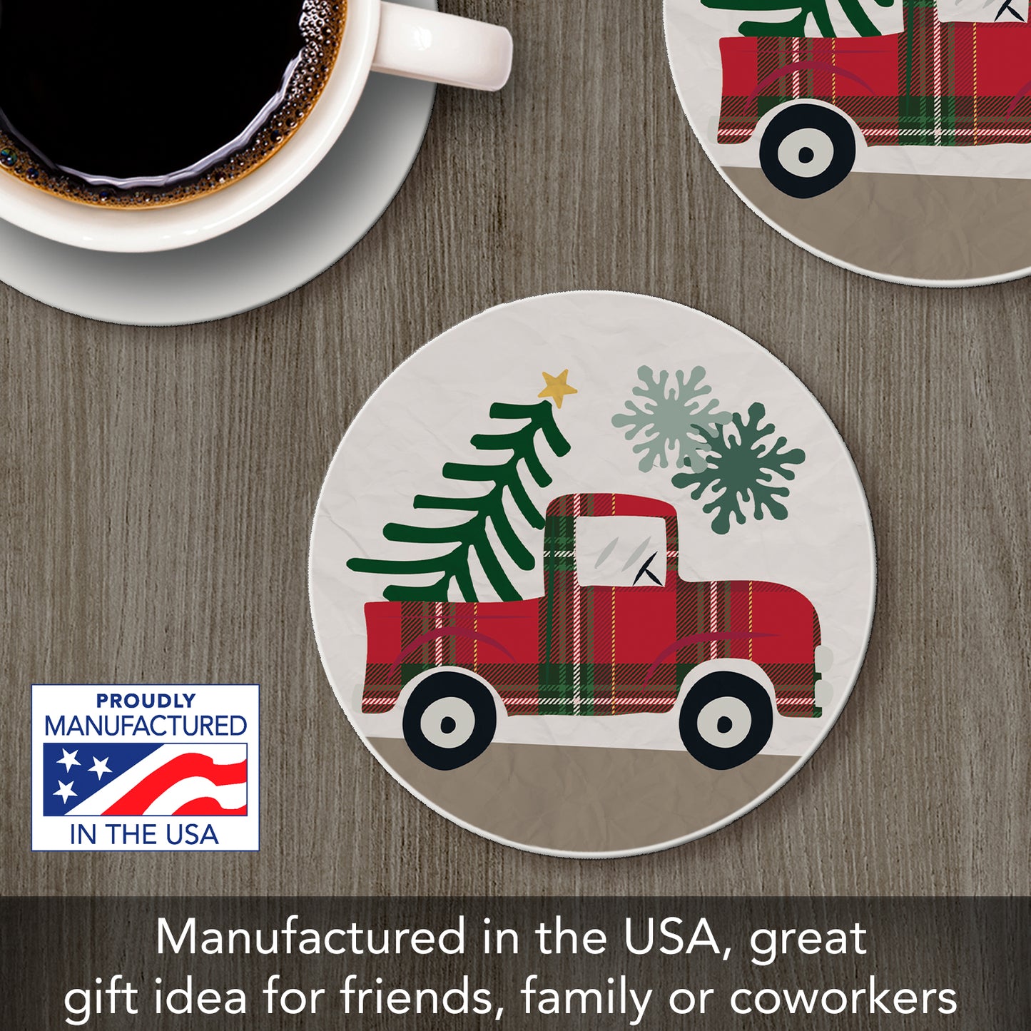 Thirstystone Plaid Christmas Tree Truck Single Round Absorbent Stone Coaster with Protective Cork Backing Manufactured in The USA 4" Diameter