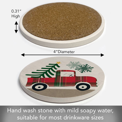 Thirstystone Plaid Christmas Tree Truck Single Round Absorbent Stone Coaster with Protective Cork Backing Manufactured in The USA 4" Diameter