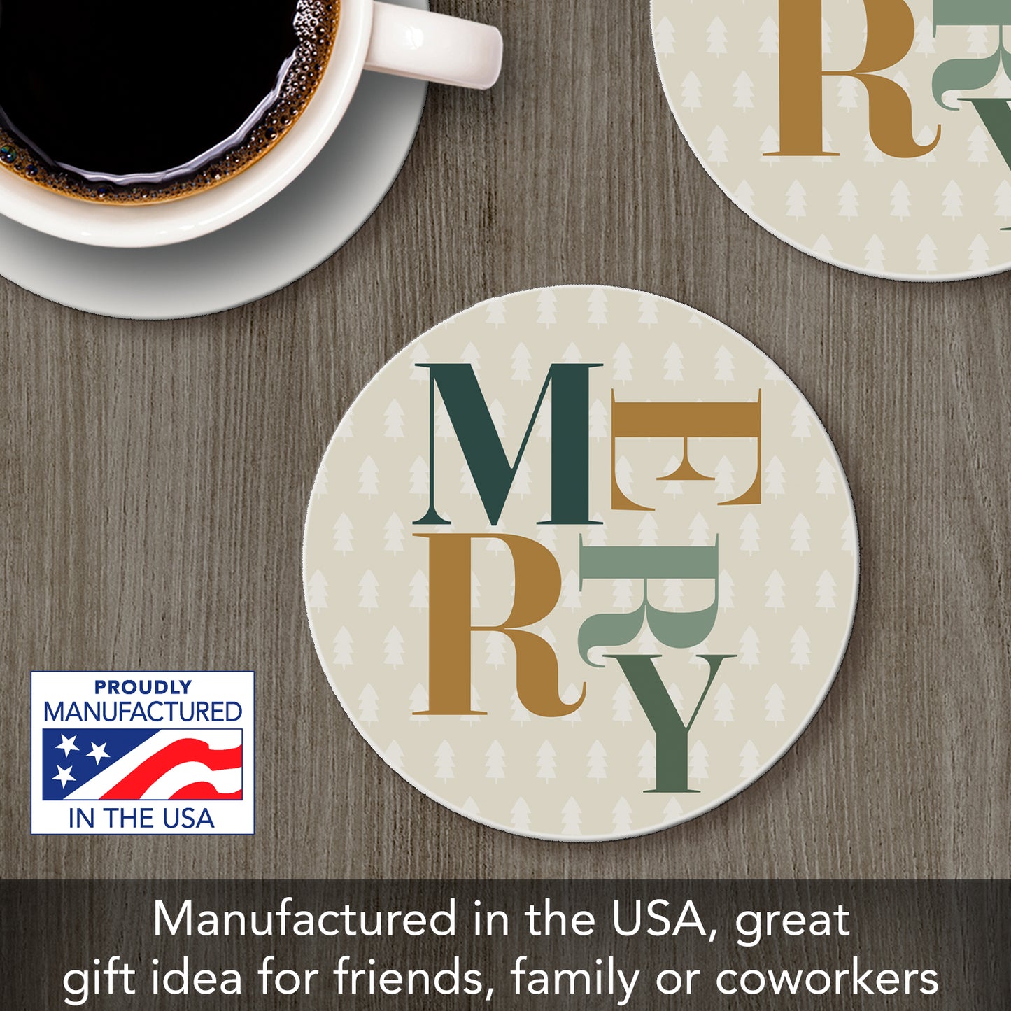 Thirstystone Merry Single Round Absorbent Stone Coaster with Protective Cork Backing Manufactured in The USA 4" Diameter