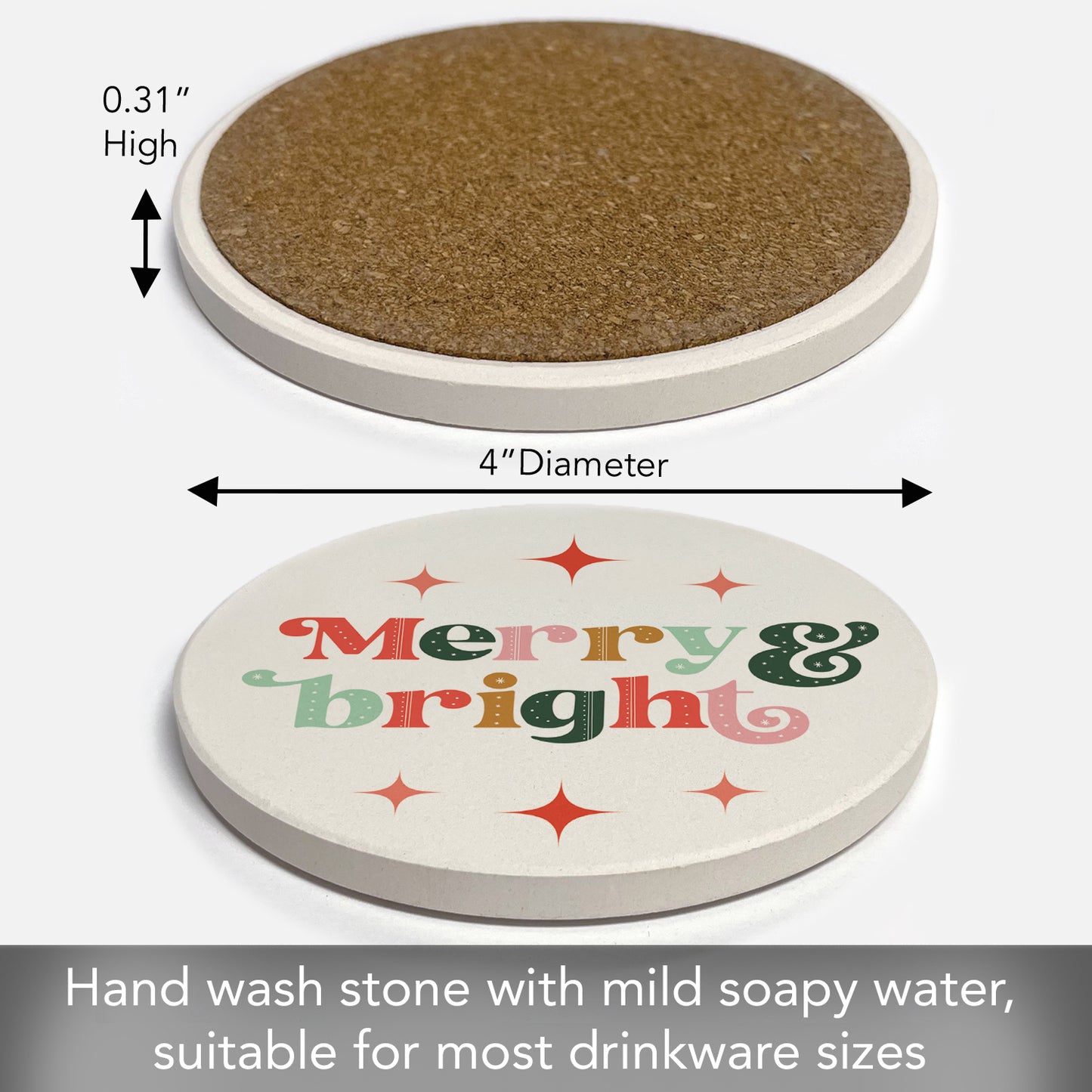 Merry & Bright Single Round Absorbent Stone Coaster with Protective Cork Backing Manufactured in The USA 4" Diameter