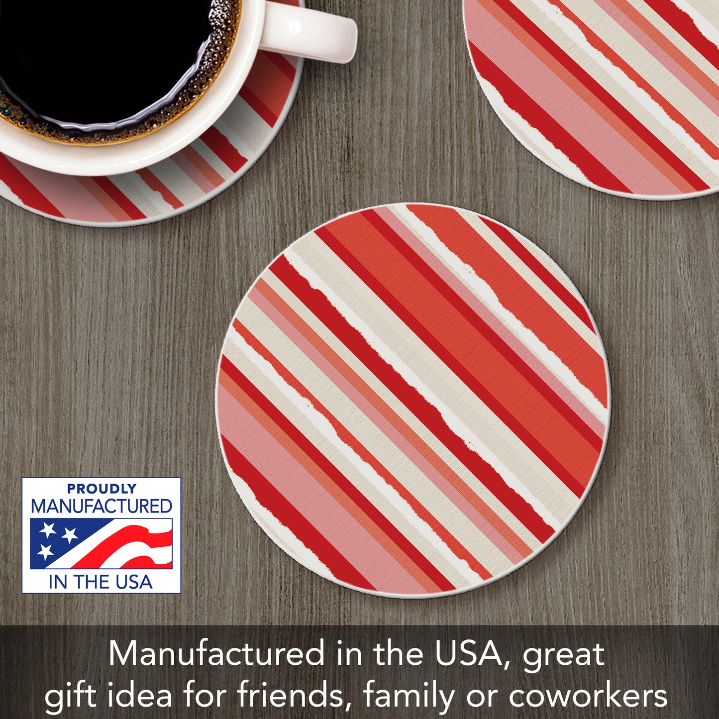 Thirstystone Candy Cane Stripes Single Round Absorbent Stone Coaster with Protective Cork Backing Manufactured in The USA 4" Diameter