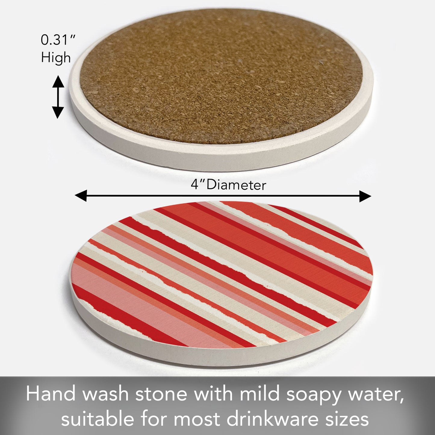 Thirstystone Candy Cane Stripes Single Round Absorbent Stone Coaster with Protective Cork Backing Manufactured in The USA 4" Diameter
