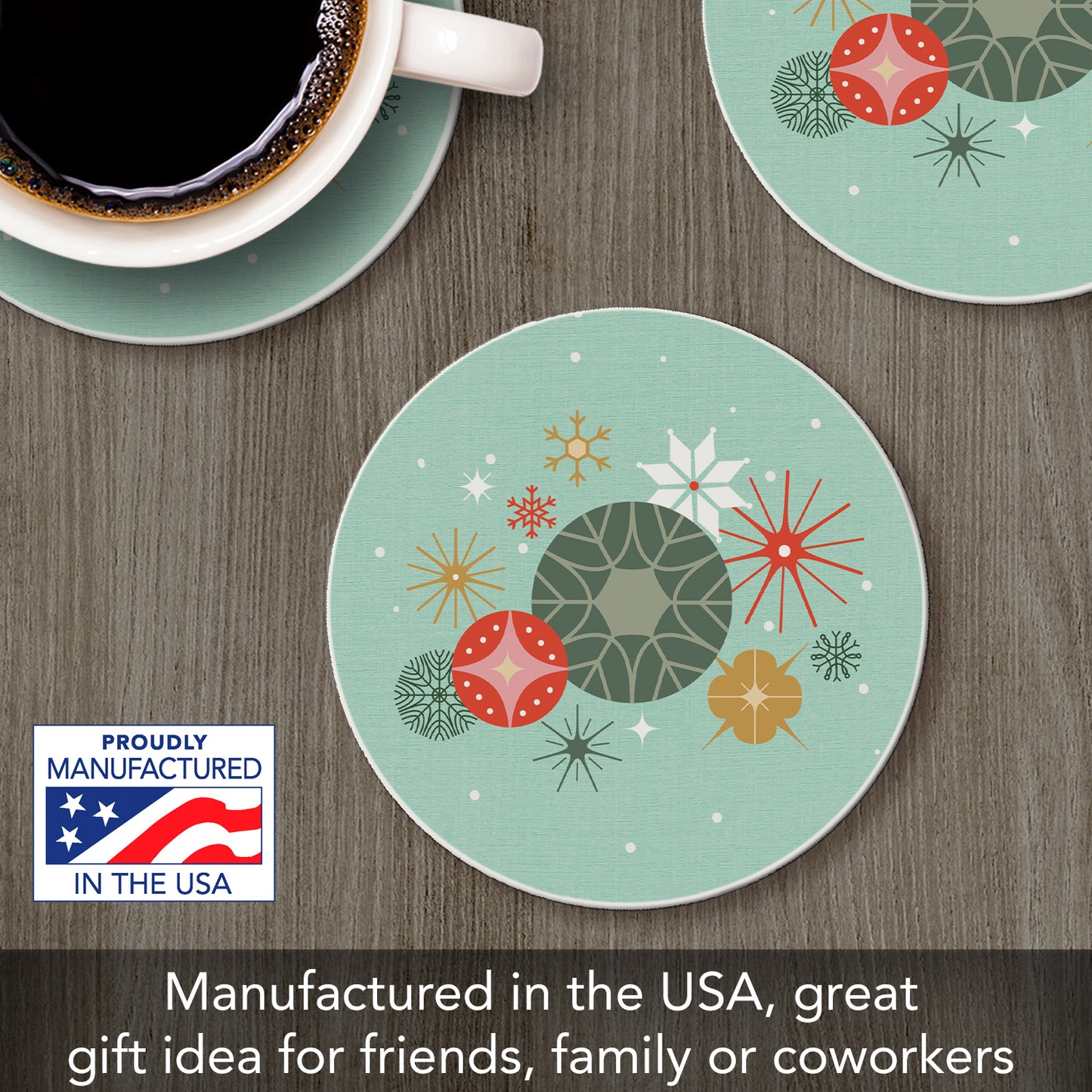Thirstystone Retro Christmas Single Round Absorbent Stone Coaster with Protective Cork Backing Manufactured in The USA 4" Diameter