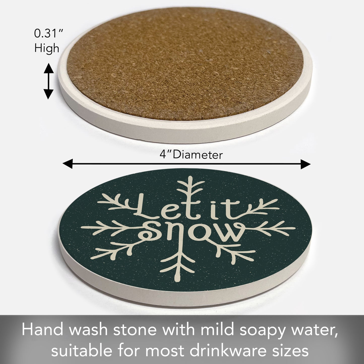 Thirstystone Let It Snow Single Round Absorbent Stone Coaster with Protective Cork Backing Manufactured in The USA 4" Diameter