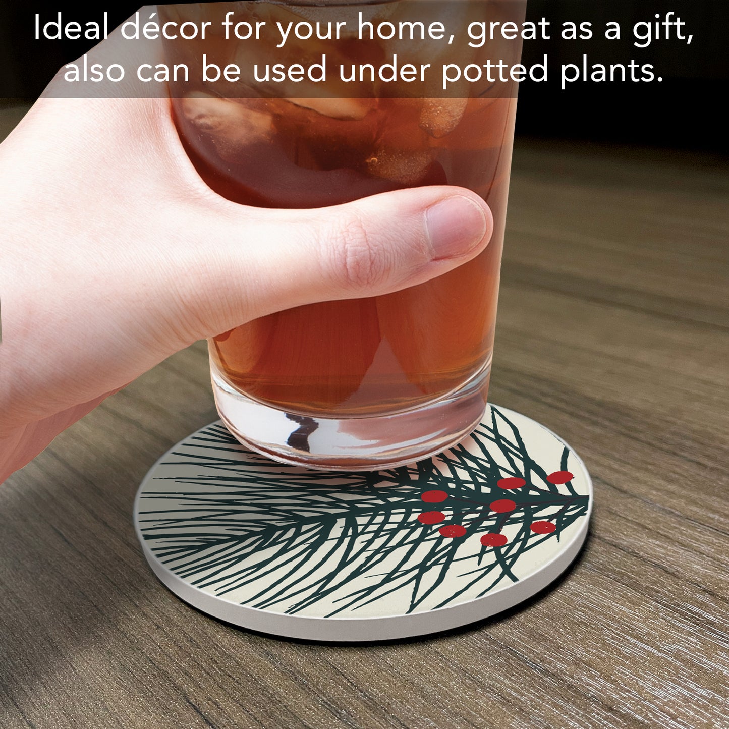 Thirstystone Christmas Pine Single Round Absorbent Stone Coaster with Protective Cork Backing Manufactured in The USA 4" Diameter