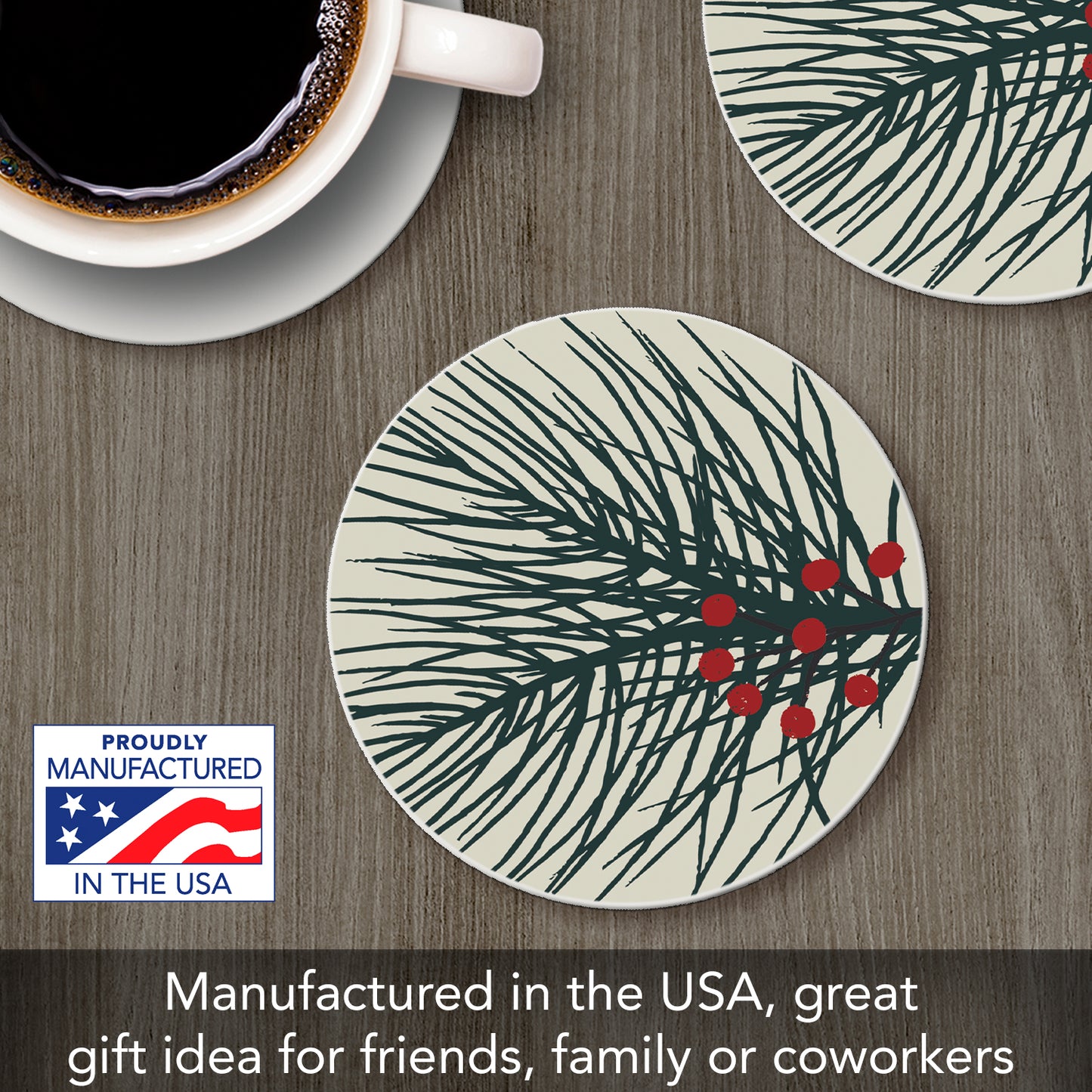 Thirstystone Christmas Pine Single Round Absorbent Stone Coaster with Protective Cork Backing Manufactured in The USA 4" Diameter
