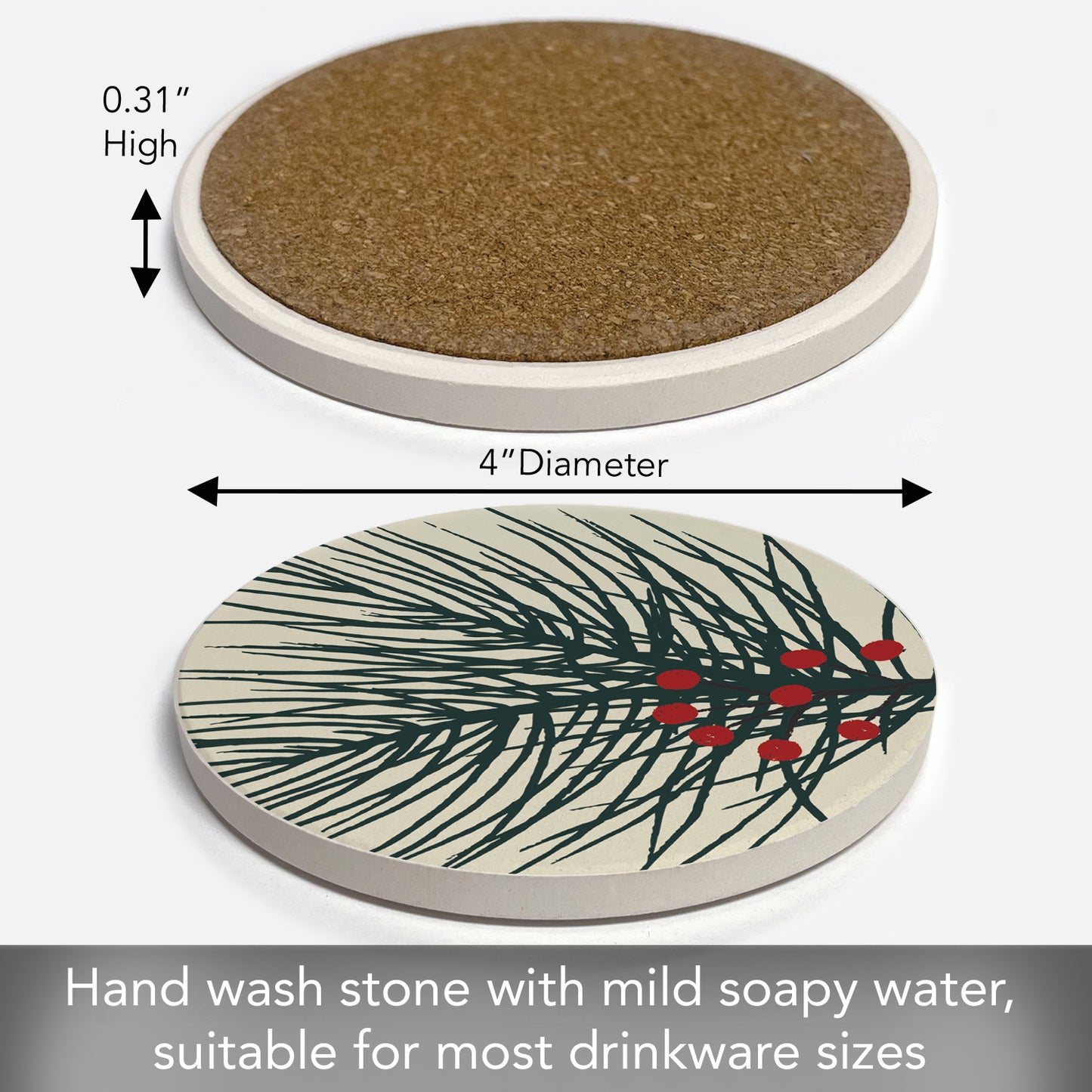 Thirstystone Christmas Pine Single Round Absorbent Stone Coaster with Protective Cork Backing Manufactured in The USA 4" Diameter