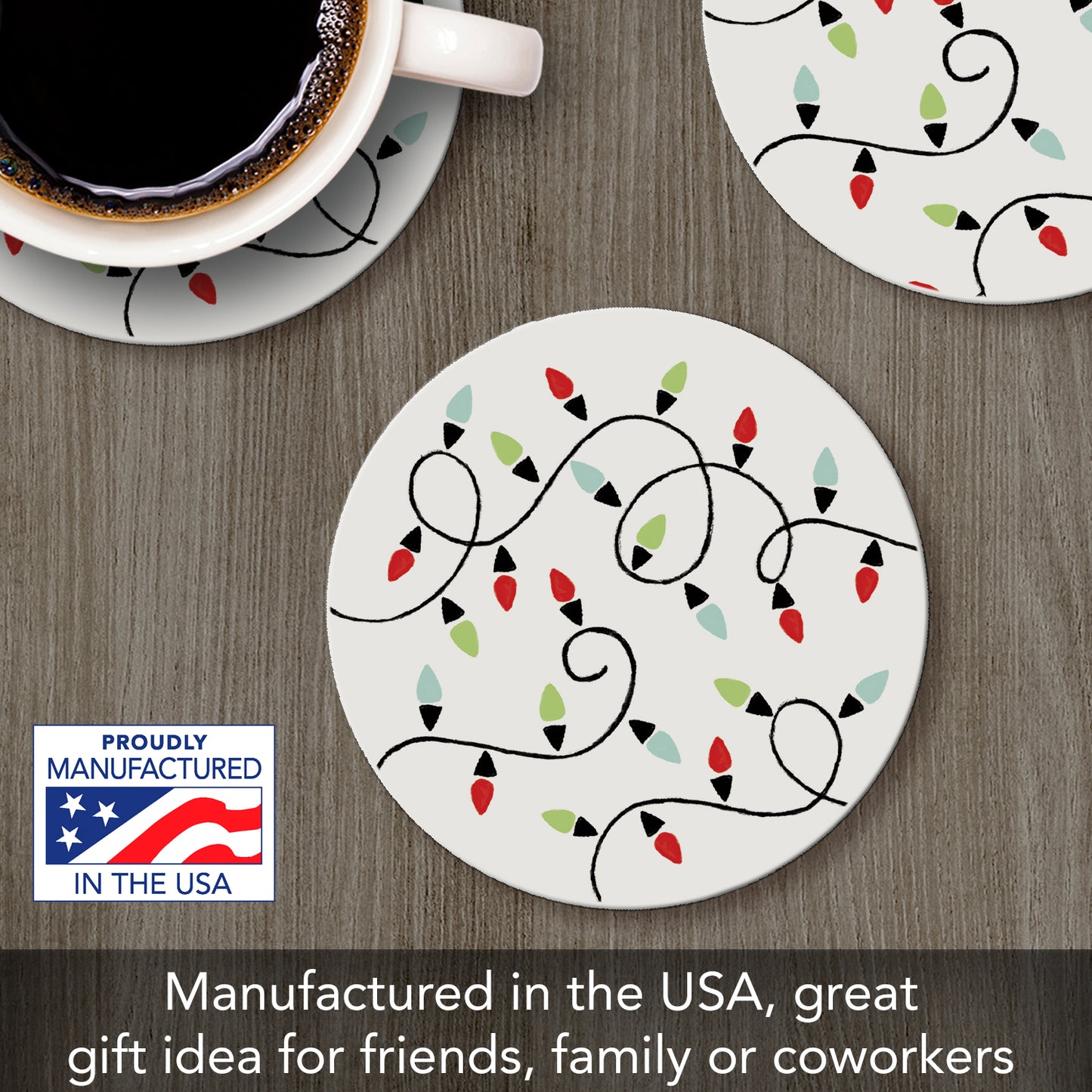 Thirstystone Christmas Lights Single Round Absorbent Stone Coaster with Protective Cork Backing Manufactured in The USA 4" Diameter