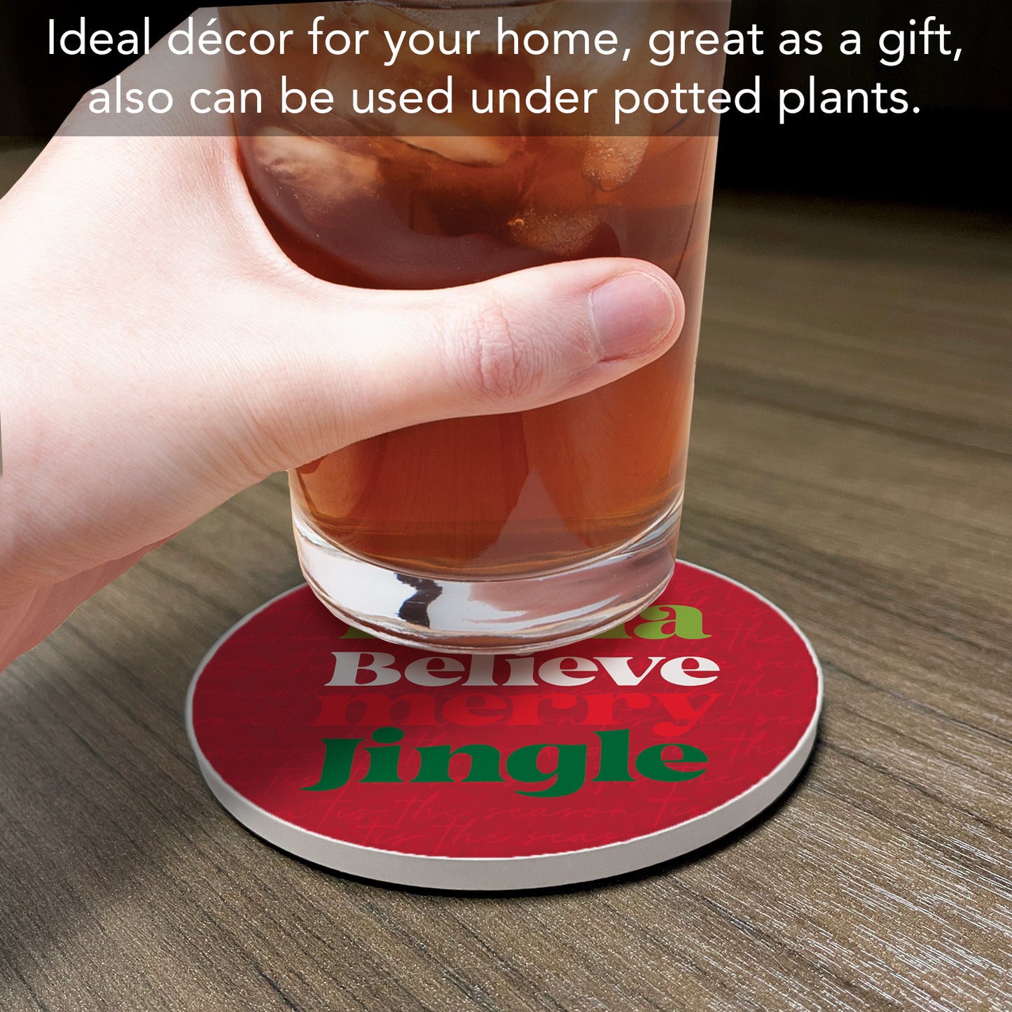 Thirstystone Merry Jingle Single Round Absorbent Stone Coaster with Protective Cork Backing Manufactured in The USA 4" Diameter