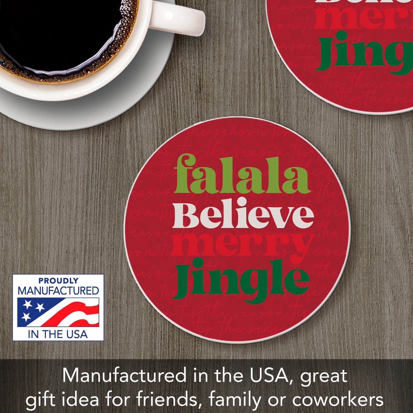 Thirstystone Merry Jingle Single Round Absorbent Stone Coaster with Protective Cork Backing Manufactured in The USA 4" Diameter