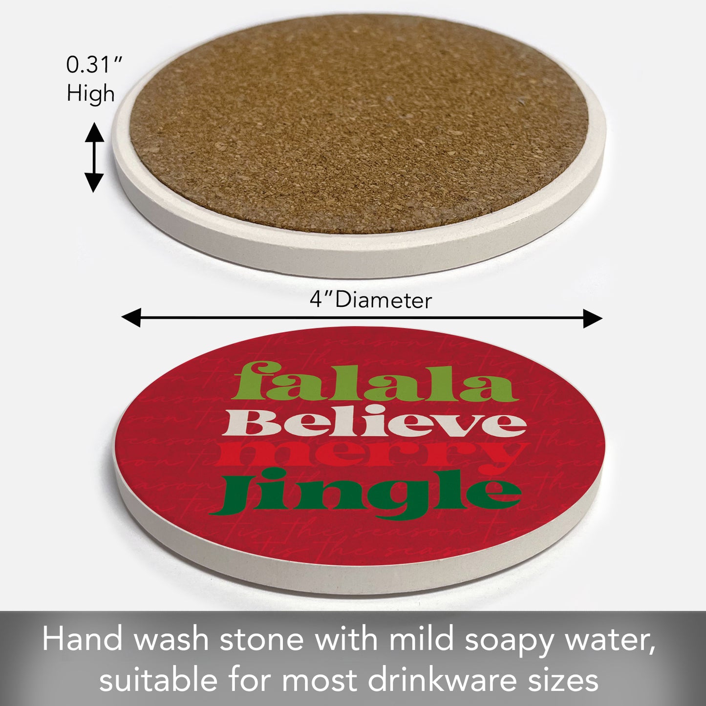 Thirstystone Merry Jingle Single Round Absorbent Stone Coaster with Protective Cork Backing Manufactured in The USA 4" Diameter