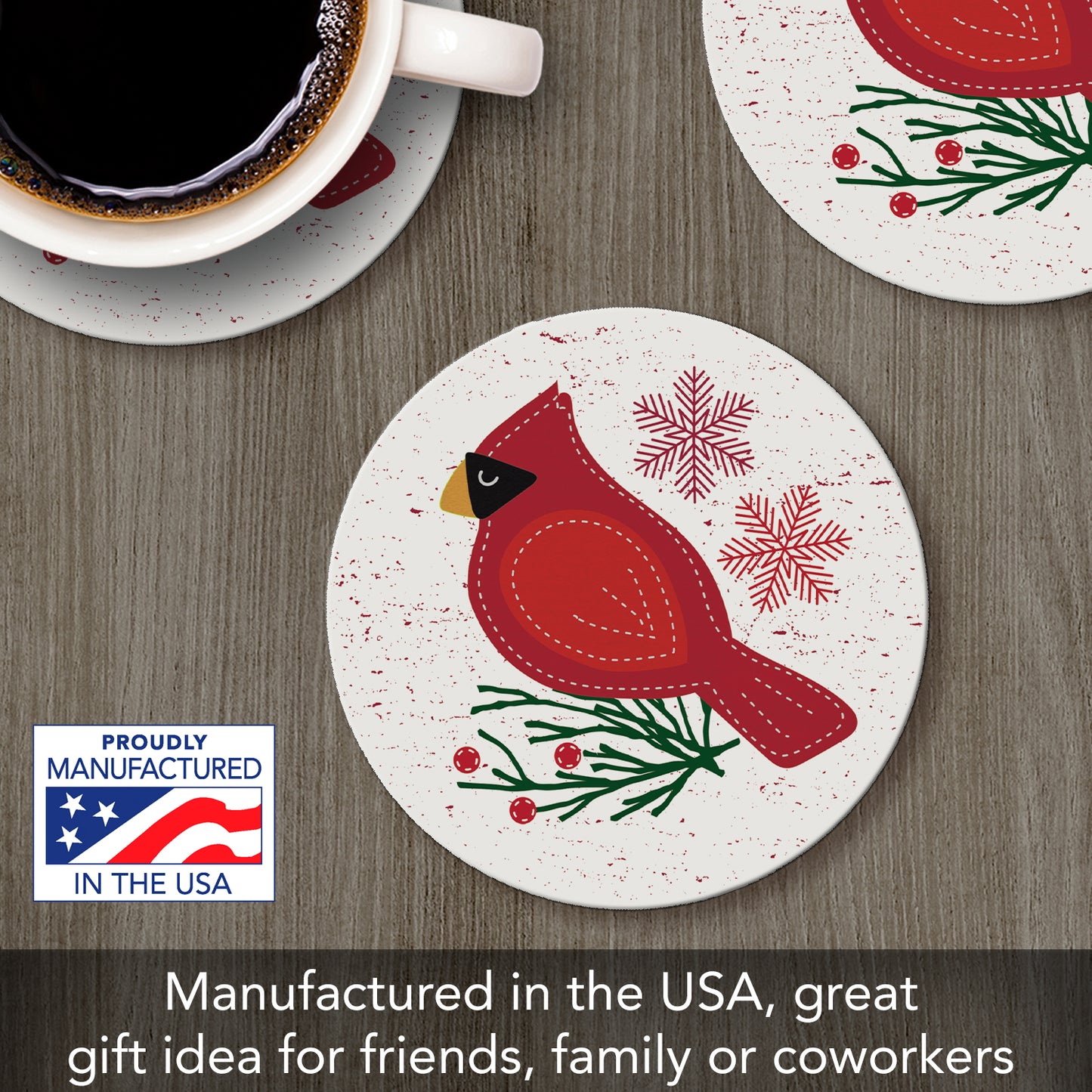 Thirstystone Stitched Red Cardinal Single Round Absorbent Stone Coaster with Protective Cork Backing Manufactured in The USA 4" Diameter