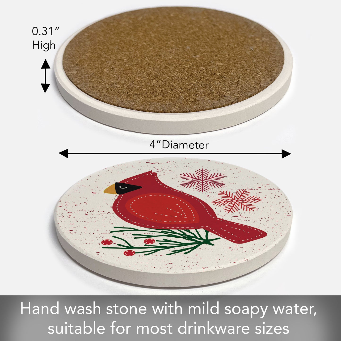 Thirstystone Stitched Red Cardinal Single Round Absorbent Stone Coaster with Protective Cork Backing Manufactured in The USA 4" Diameter
