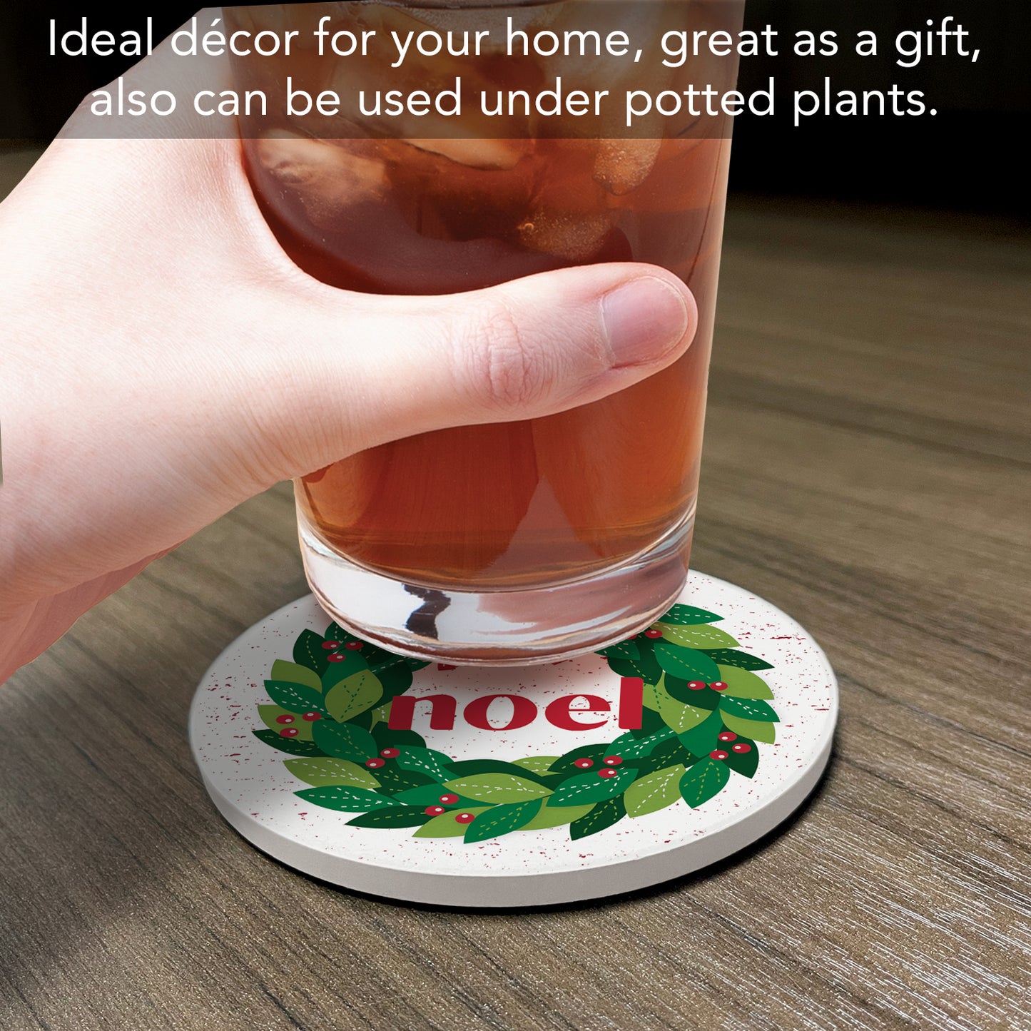 Thirstystone Stitched Noel Wreath Single Round Absorbent Stone Coaster with Protective Cork Backing Manufactured in The USA 4" Diameter