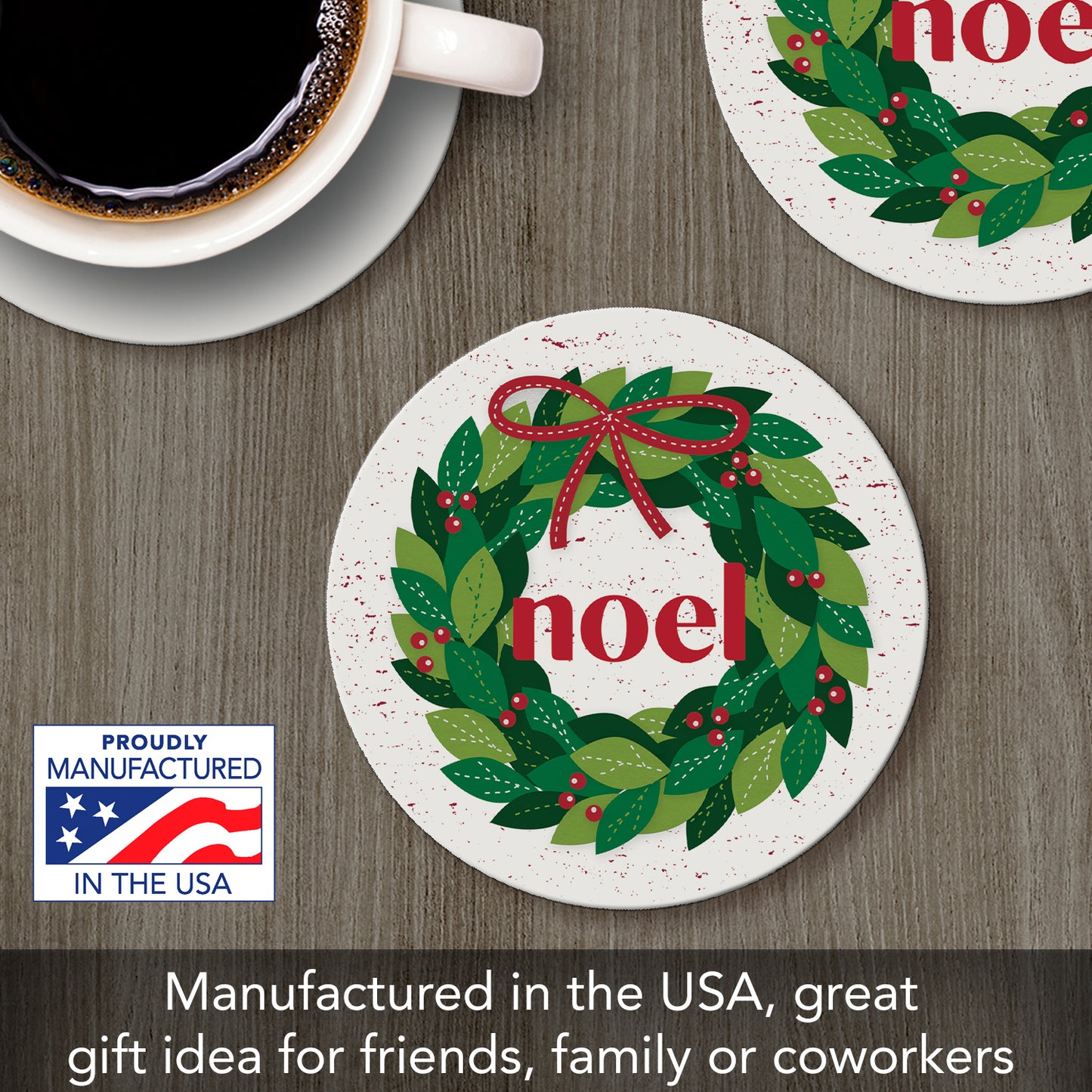 Thirstystone Stitched Noel Wreath Single Round Absorbent Stone Coaster with Protective Cork Backing Manufactured in The USA 4" Diameter