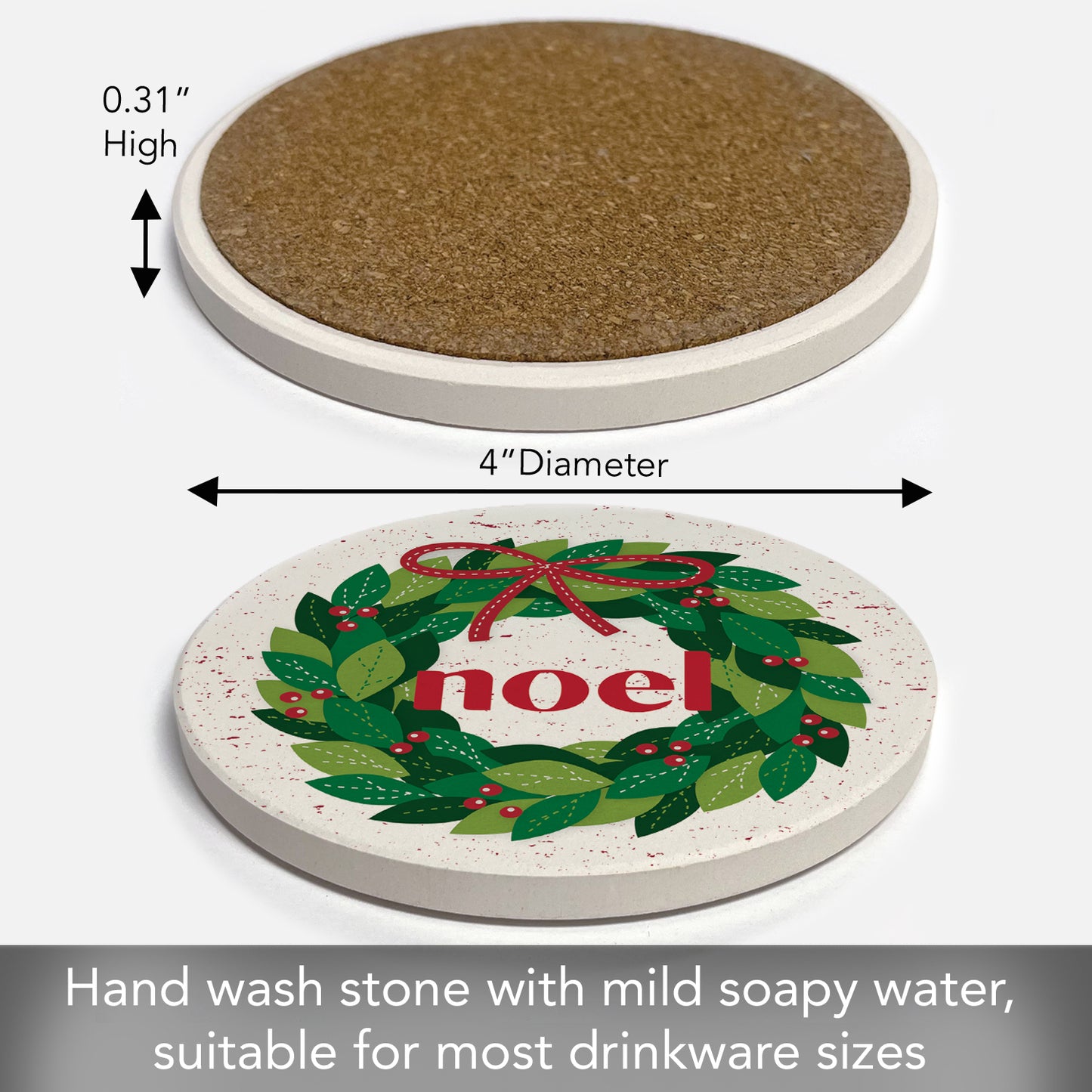 Thirstystone Stitched Noel Wreath Single Round Absorbent Stone Coaster with Protective Cork Backing Manufactured in The USA 4" Diameter