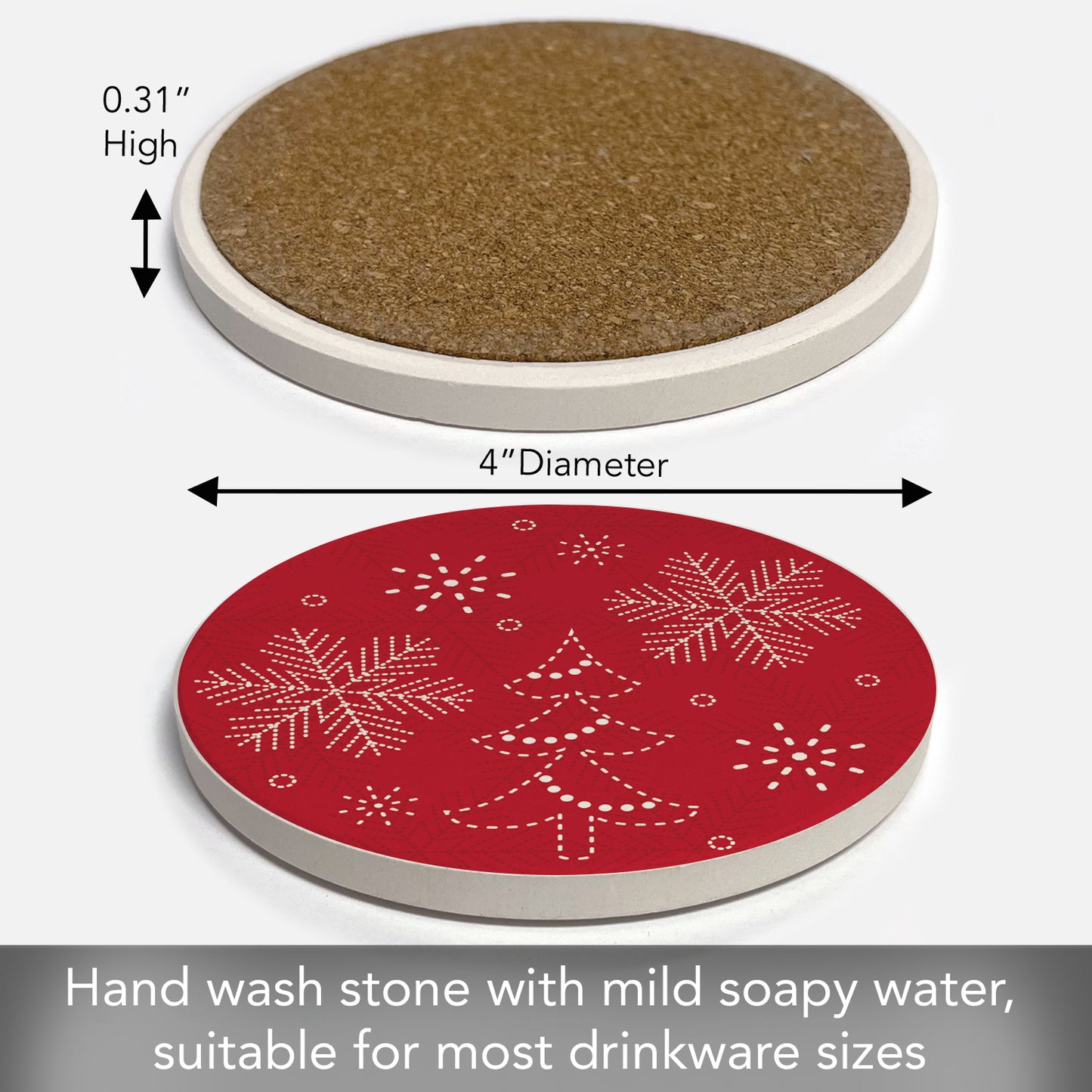 Thirstystone Stitched Snowflakes Single Round Absorbent Stone Coaster with Protective Cork Backing Manufactured in The USA 4" Diameter