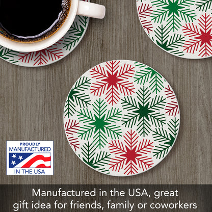 Thirstystone Red & Green Snowflakes Single Round Absorbent Stone Coaster with Protective Cork Backing Manufactured in The USA 4" Diameter