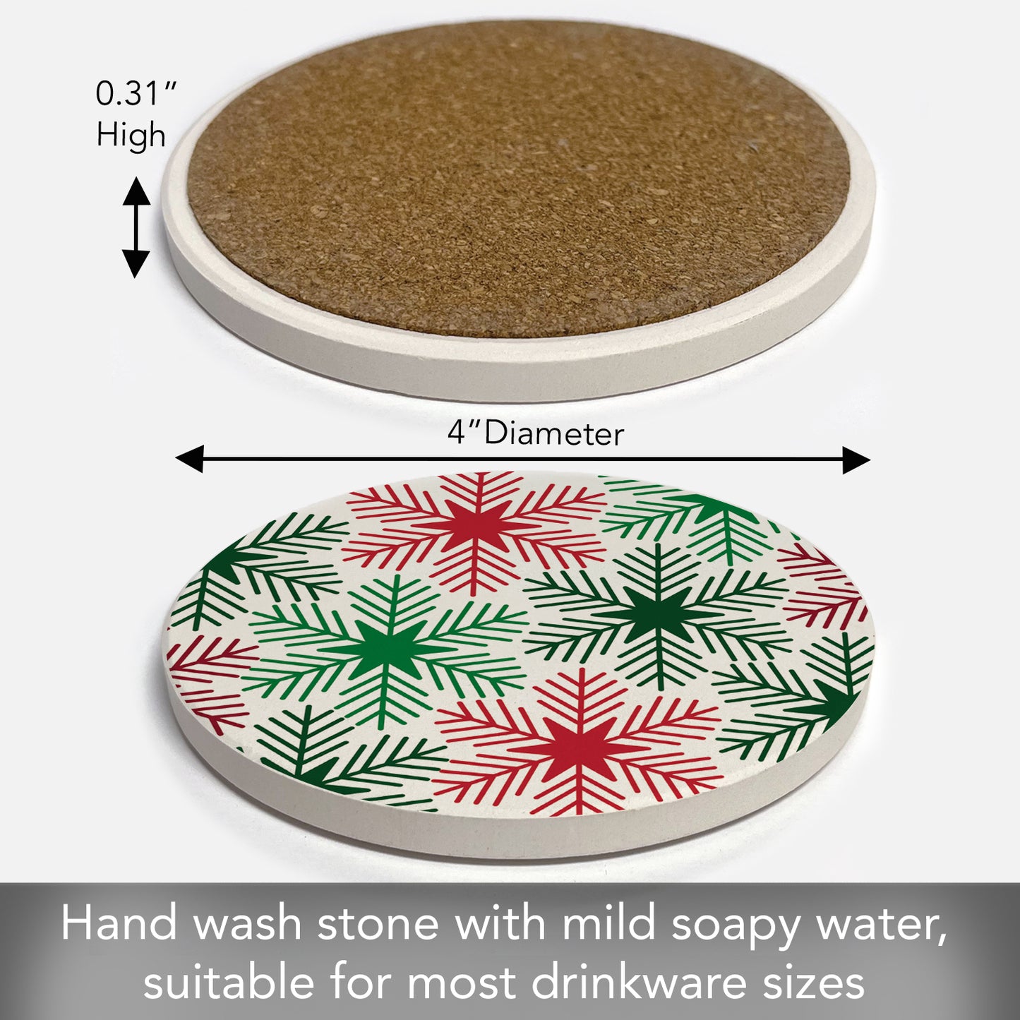 Thirstystone Red & Green Snowflakes Single Round Absorbent Stone Coaster with Protective Cork Backing Manufactured in The USA 4" Diameter