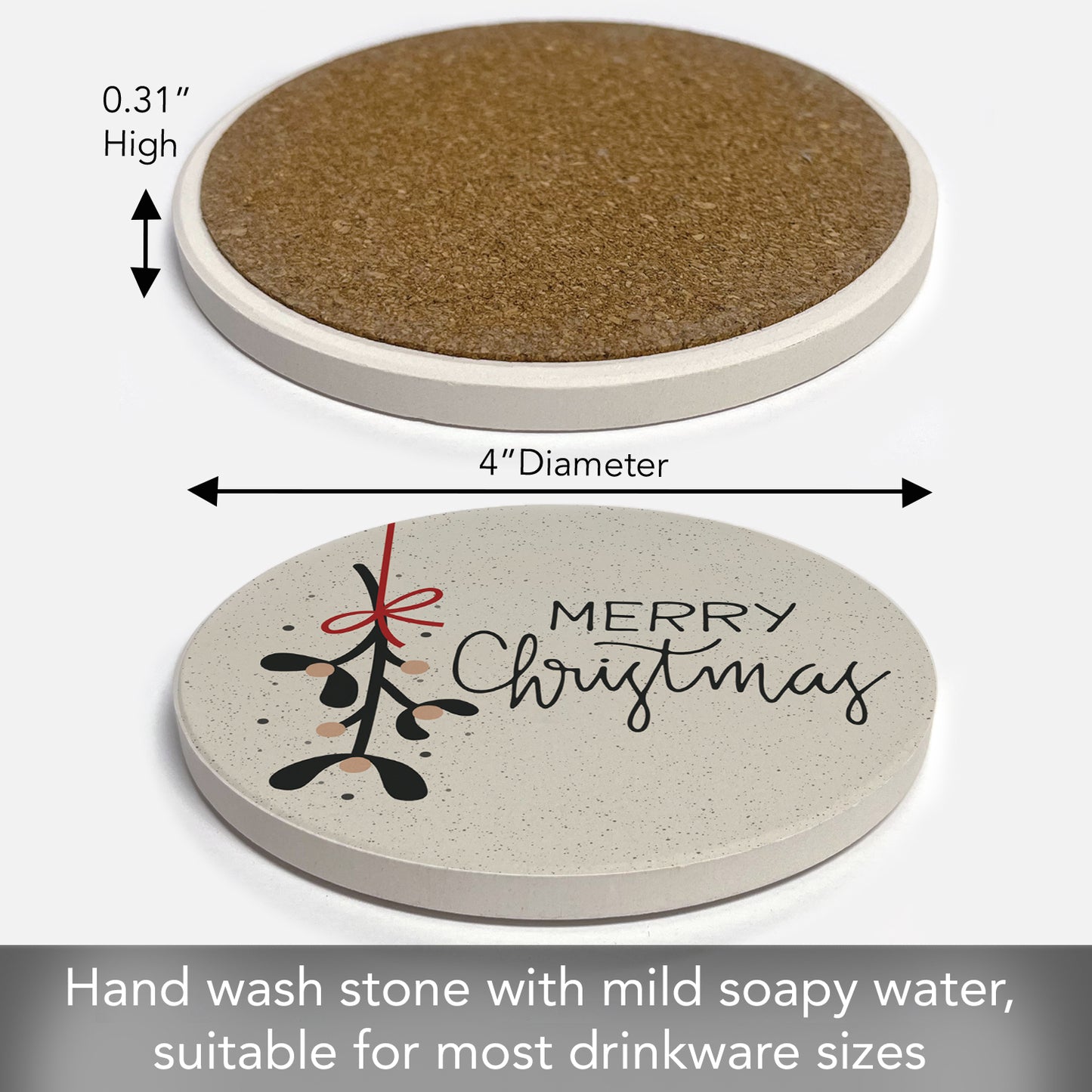 Thirstystone Mistletoe Christmas Single Round Absorbent Stone Coaster with Protective Cork Backing Manufactured in The USA 4" Diameter