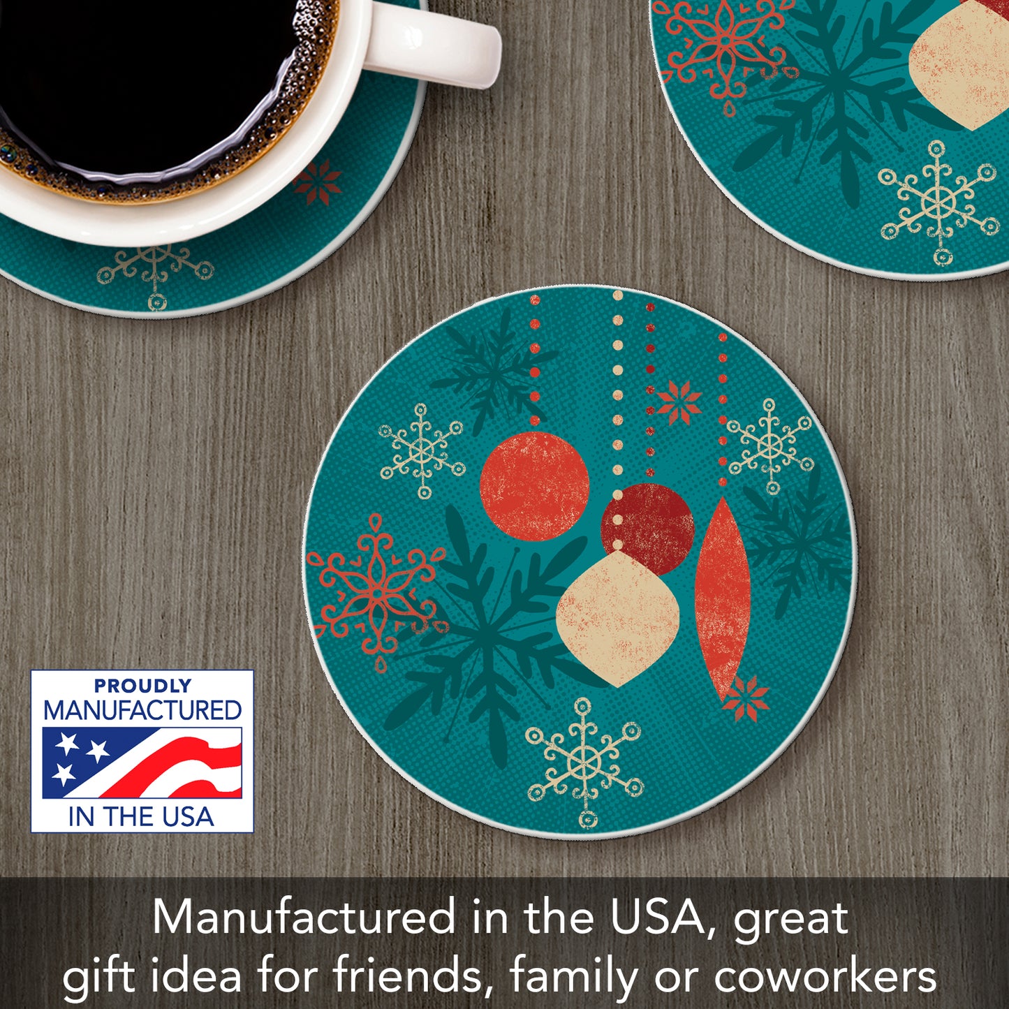 Thirstystone Ornaments on Blue Single Round Absorbent Stone Coaster with Protective Cork Backing Manufactured in The USA 4" Diameter