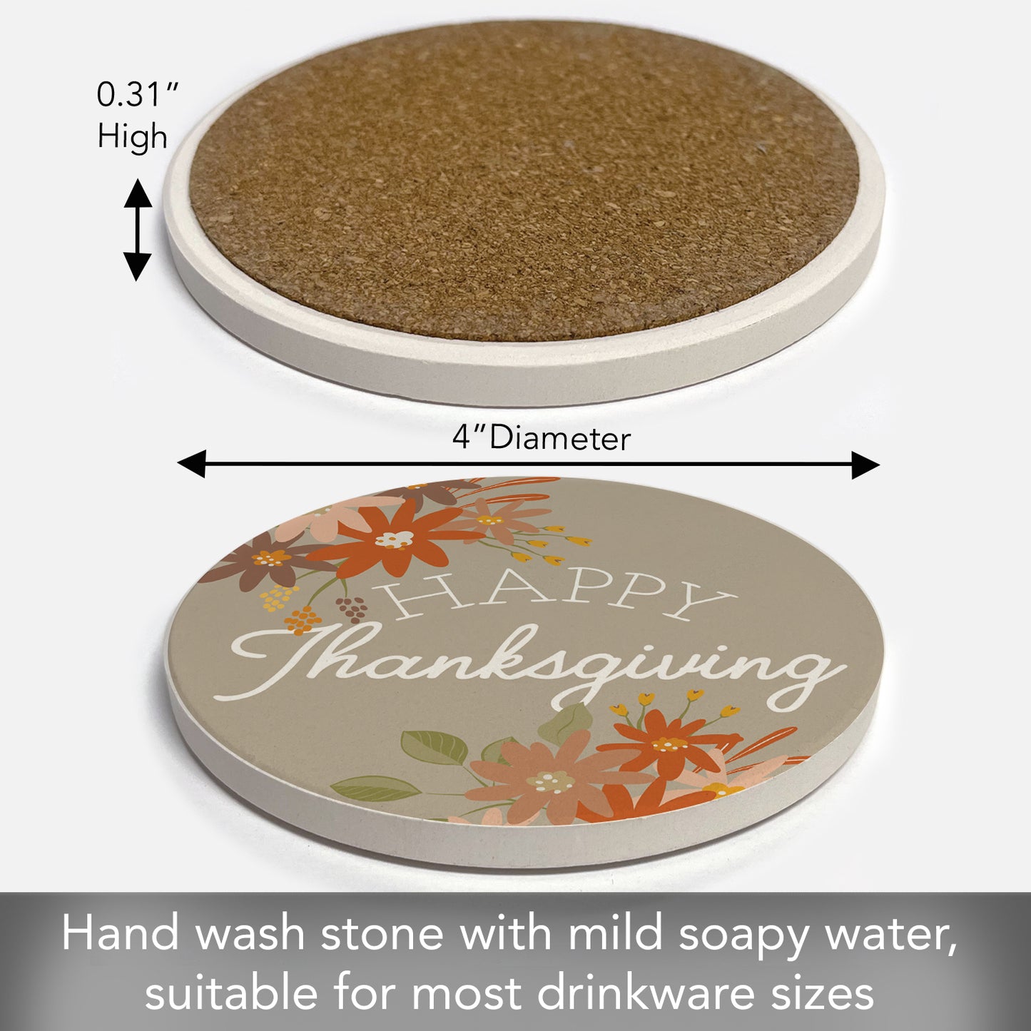 Thirstystone Happy Thanksgiving Round Absorbent Stone Coaster with Protective Cork Backing Manufactured in The USA 4" Diameter