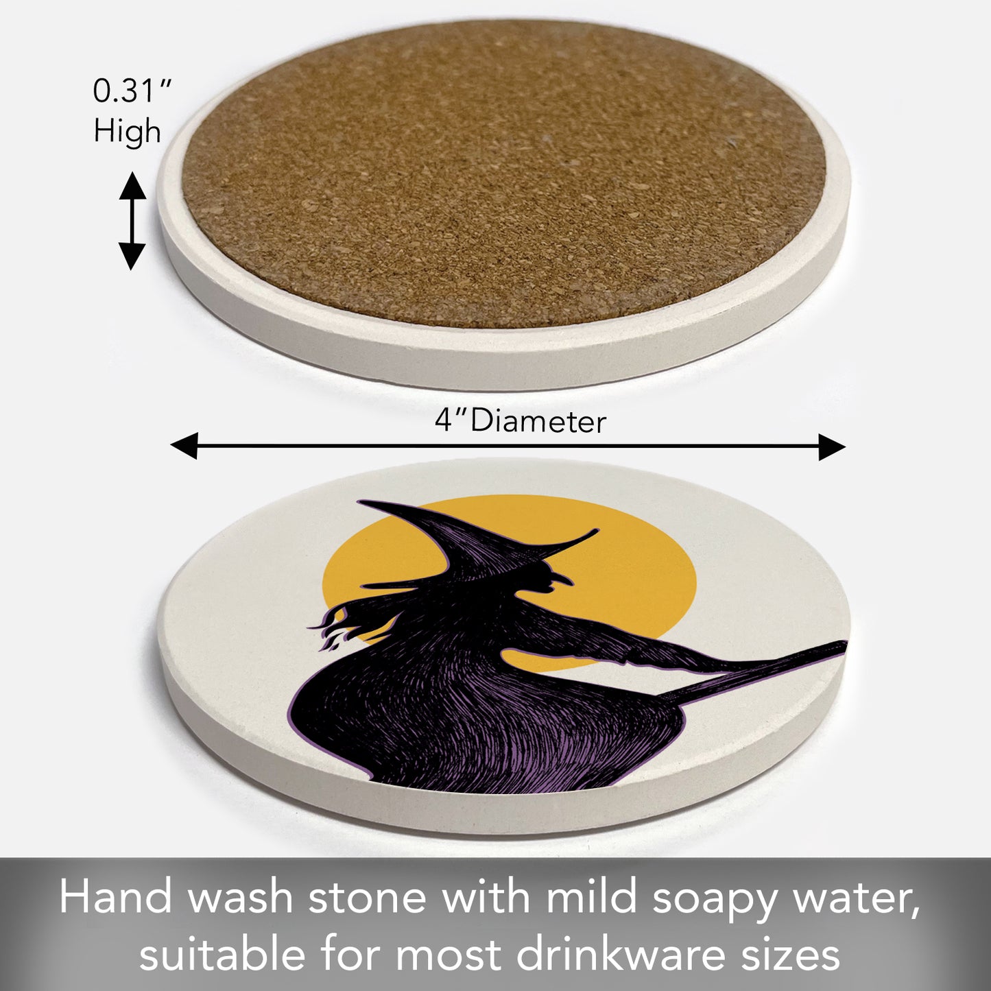 Thirstystone Witch's Broom Round Absorbent Stone Coaster with Protective Cork Backing Manufactured in The USA 4" Diameter