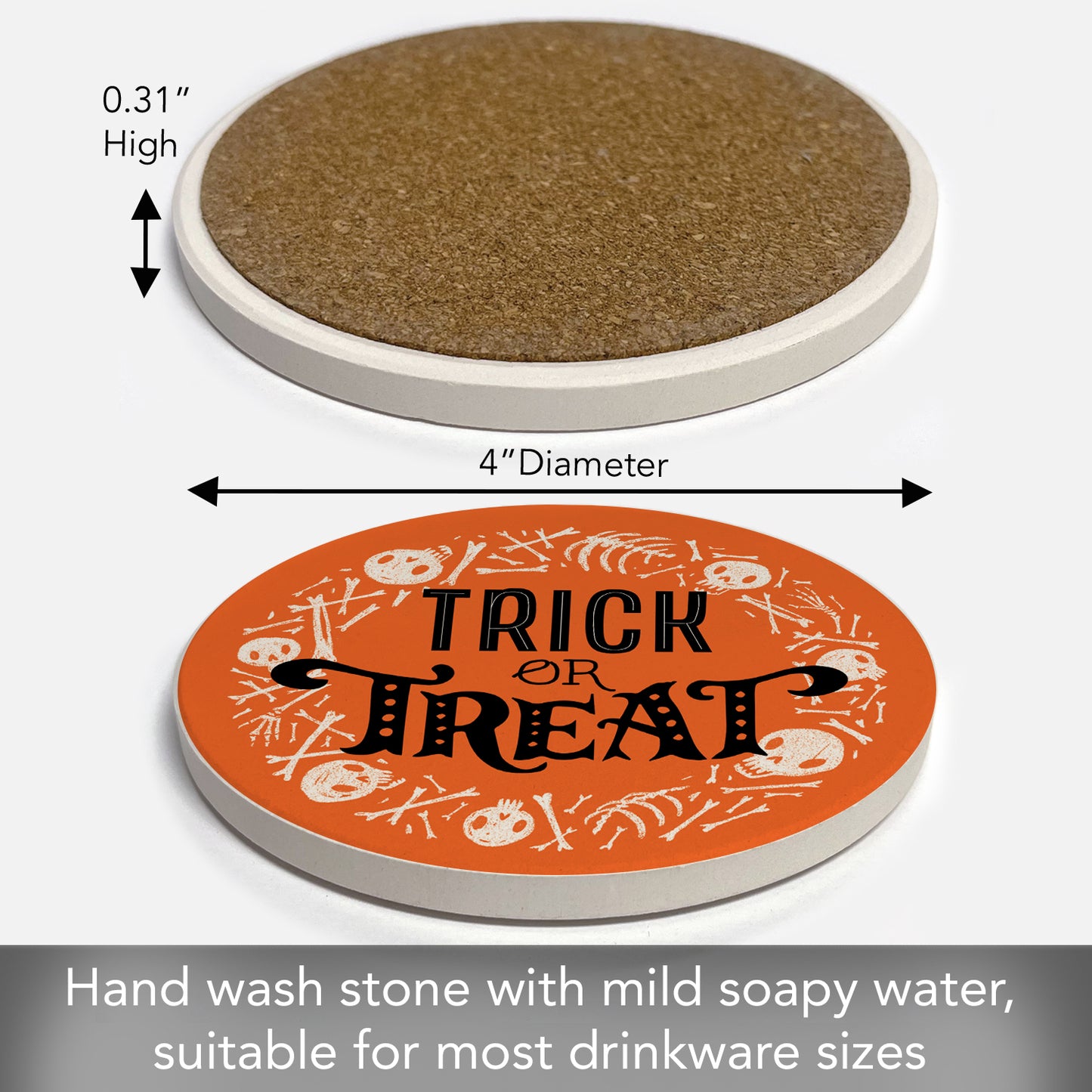 Thirstystone Trick or Treat Round Absorbent Stone Coaster with Protective Cork Backing Manufactured in The USA 4" Diameter