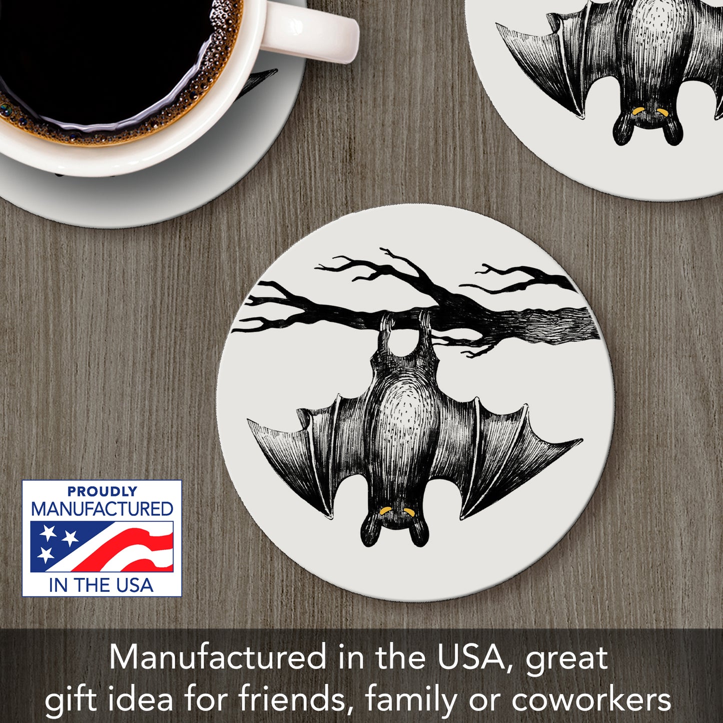 Thirstystone Hanging Bat Round Absorbent Stone Coaster with Protective Cork Backing Manufactured in The USA 4" Diameter