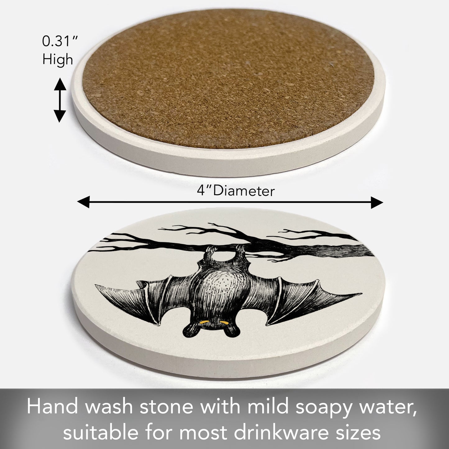 Thirstystone Hanging Bat Round Absorbent Stone Coaster with Protective Cork Backing Manufactured in The USA 4" Diameter