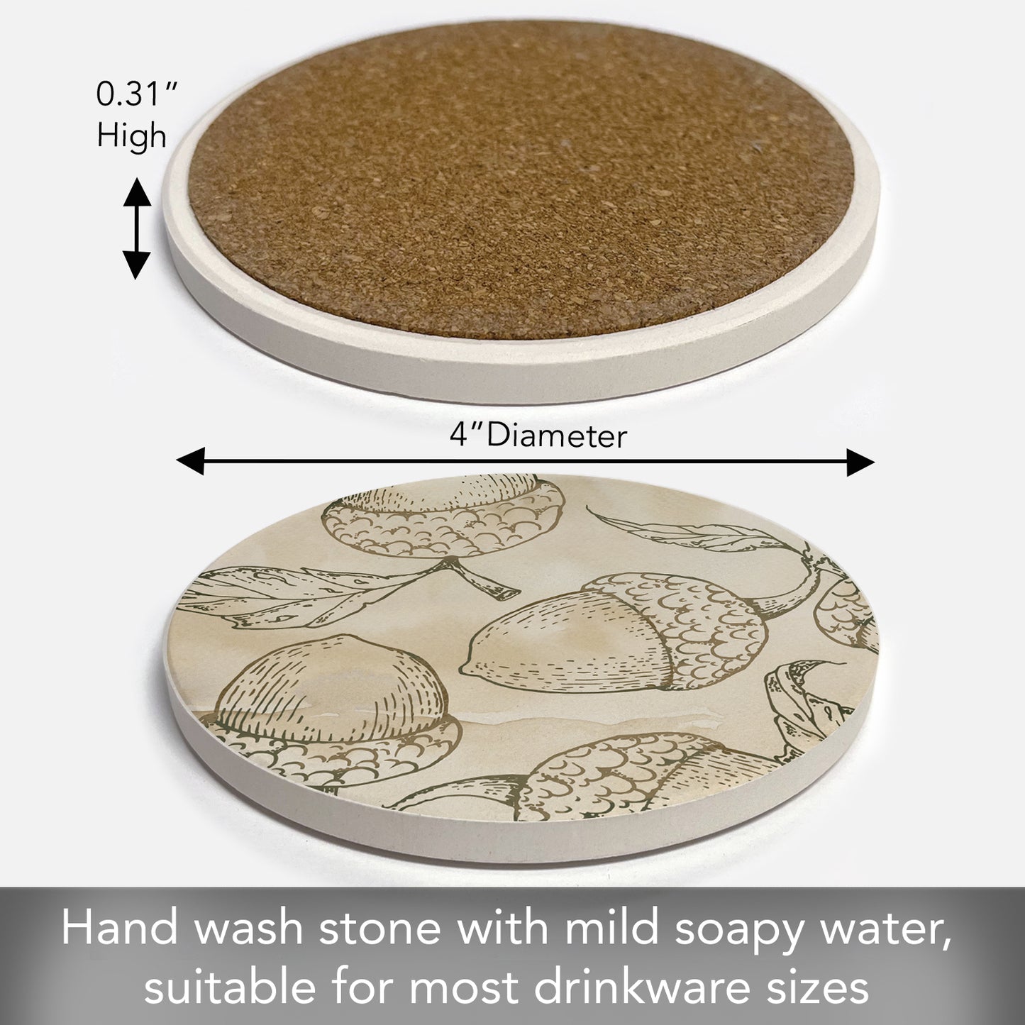 Thirstystone Acorn Round Absorbent Stone Coaster with Protective Cork Backing Manufactured in The USA 4" Diameter
