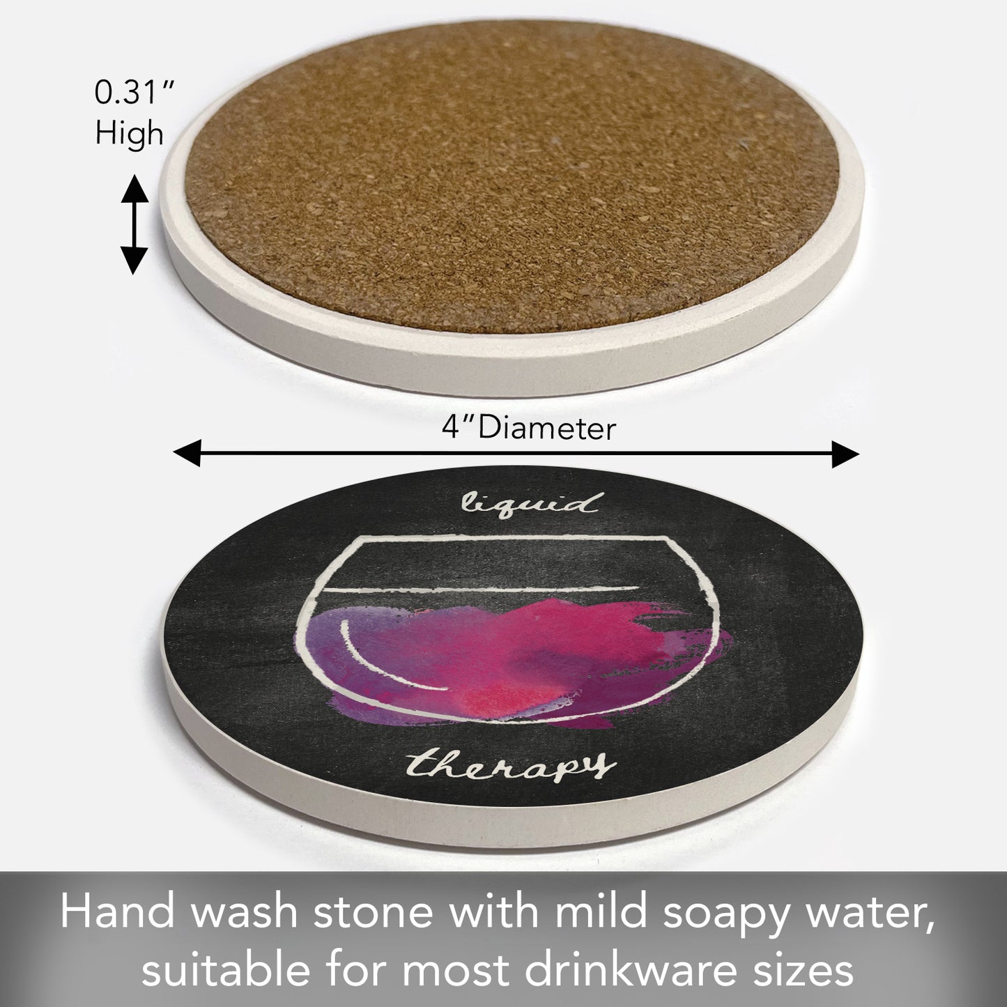 Thirstystone Liquid Therapy Single Round Absorbent Stone Coaster with Protective Cork Backing Manufactured in The USA 4" Diameter