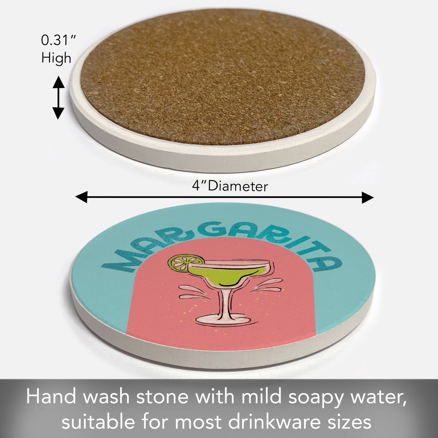Thirstystone Margarita Single Round Absorbent Stone Coaster with Protective Cork Backing Manufactured in The USA 4" Diameter