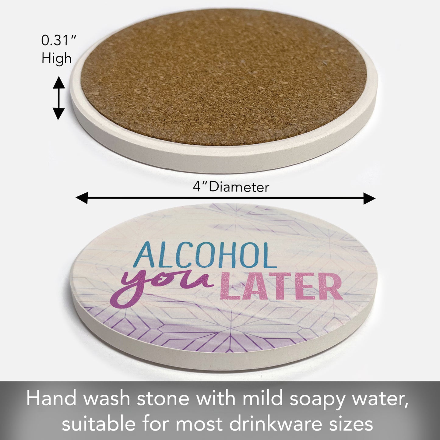 Thirstystone Alcohol Later Single Round Absorbent Stone Coaster with Protective Cork Backing Manufactured in The USA 4" Diameter
