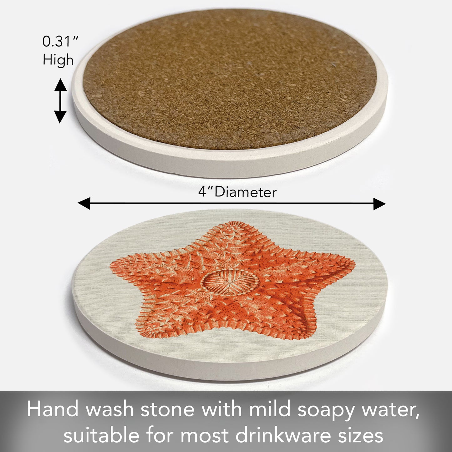 Thirstystone Starfish Dream Round Absorbent Stone Coaster with Protective Cork Backing Manufactured in The USA 4" Diameter