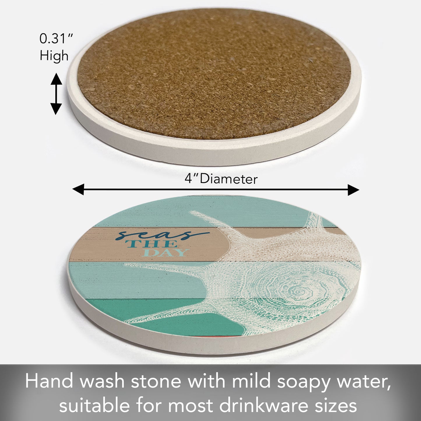 Thirstystone Seas The Day Round Absorbent Stone Coaster with Protective Cork Backing Manufactured in The USA 4" Diameter
